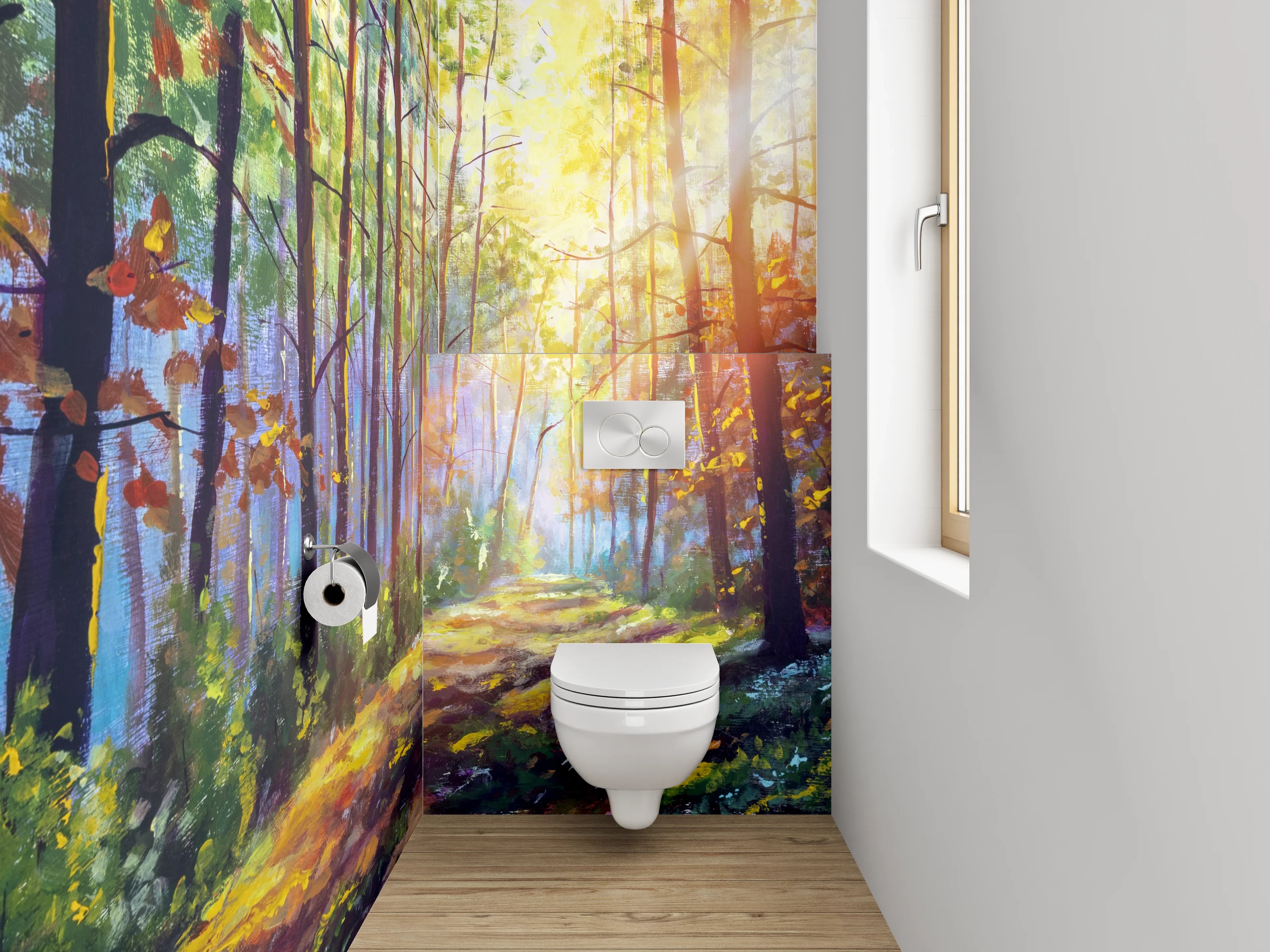 WC-Rückwand - Lichtdurchfluteter Waldweg Malerei Landschaft