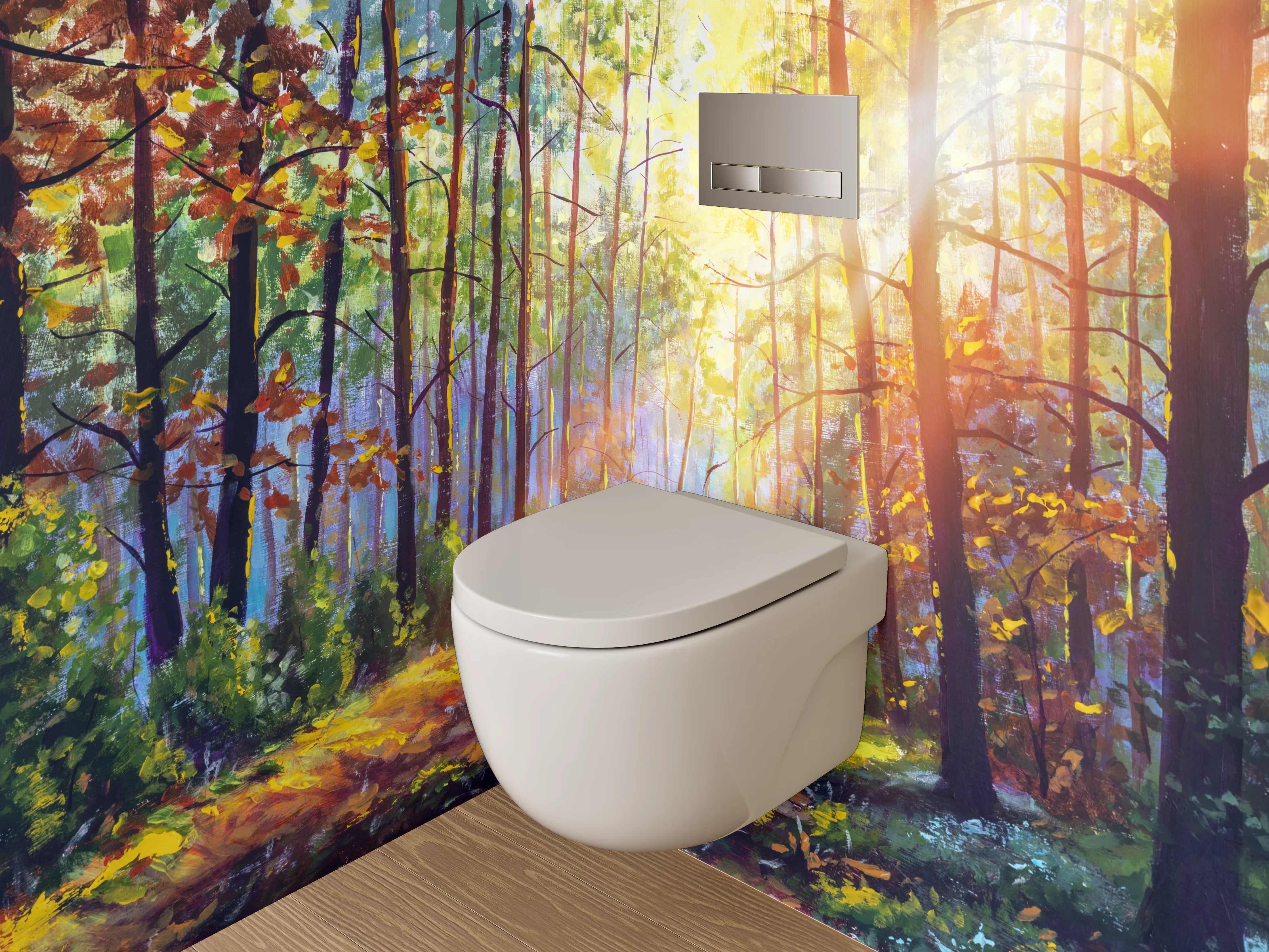 WC-Rückwand - Lichtdurchfluteter Waldweg Malerei Landschaft