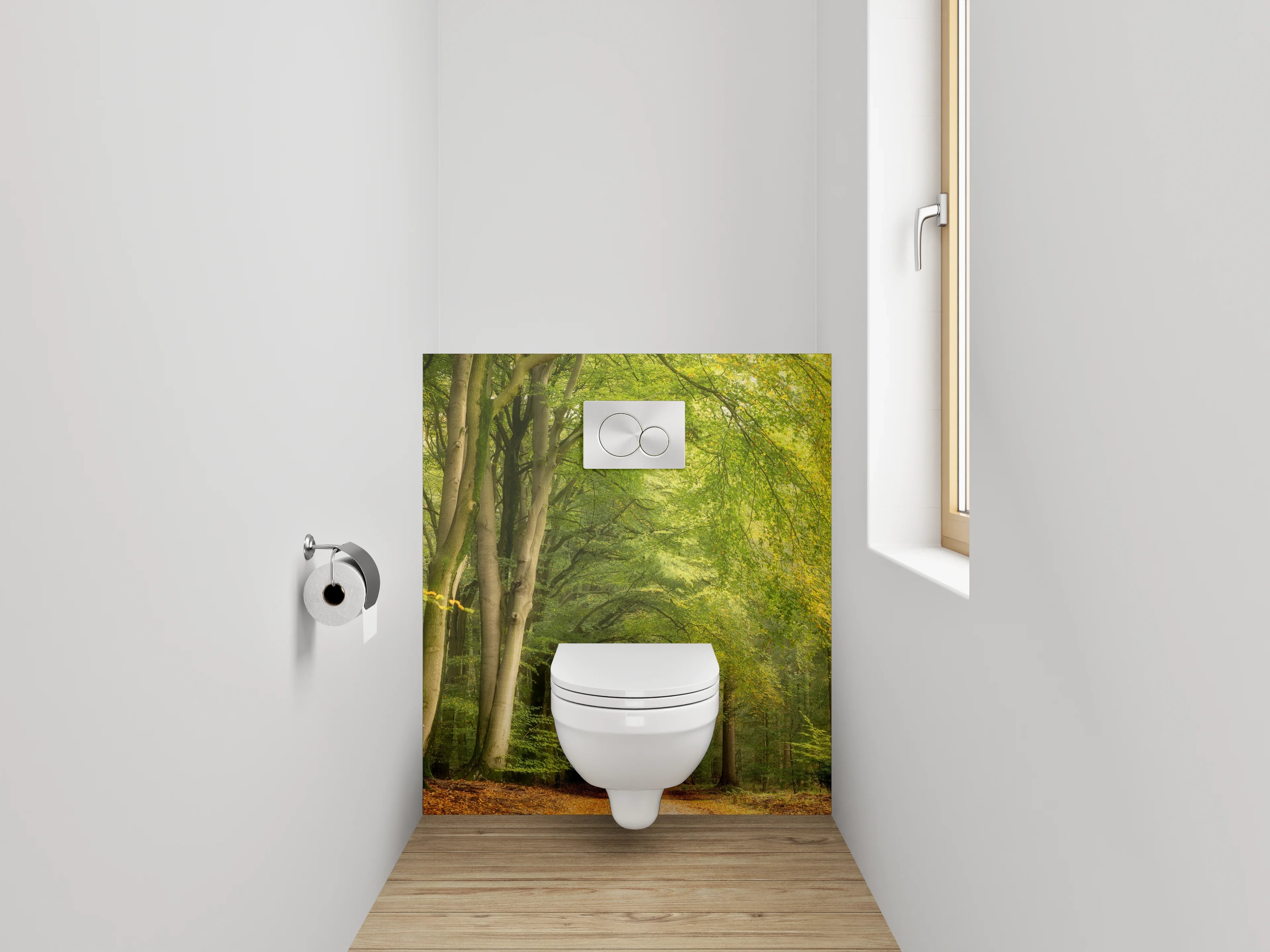 WC-Rückwand - Lichtdurchfluteter Waldweg Naturfoto