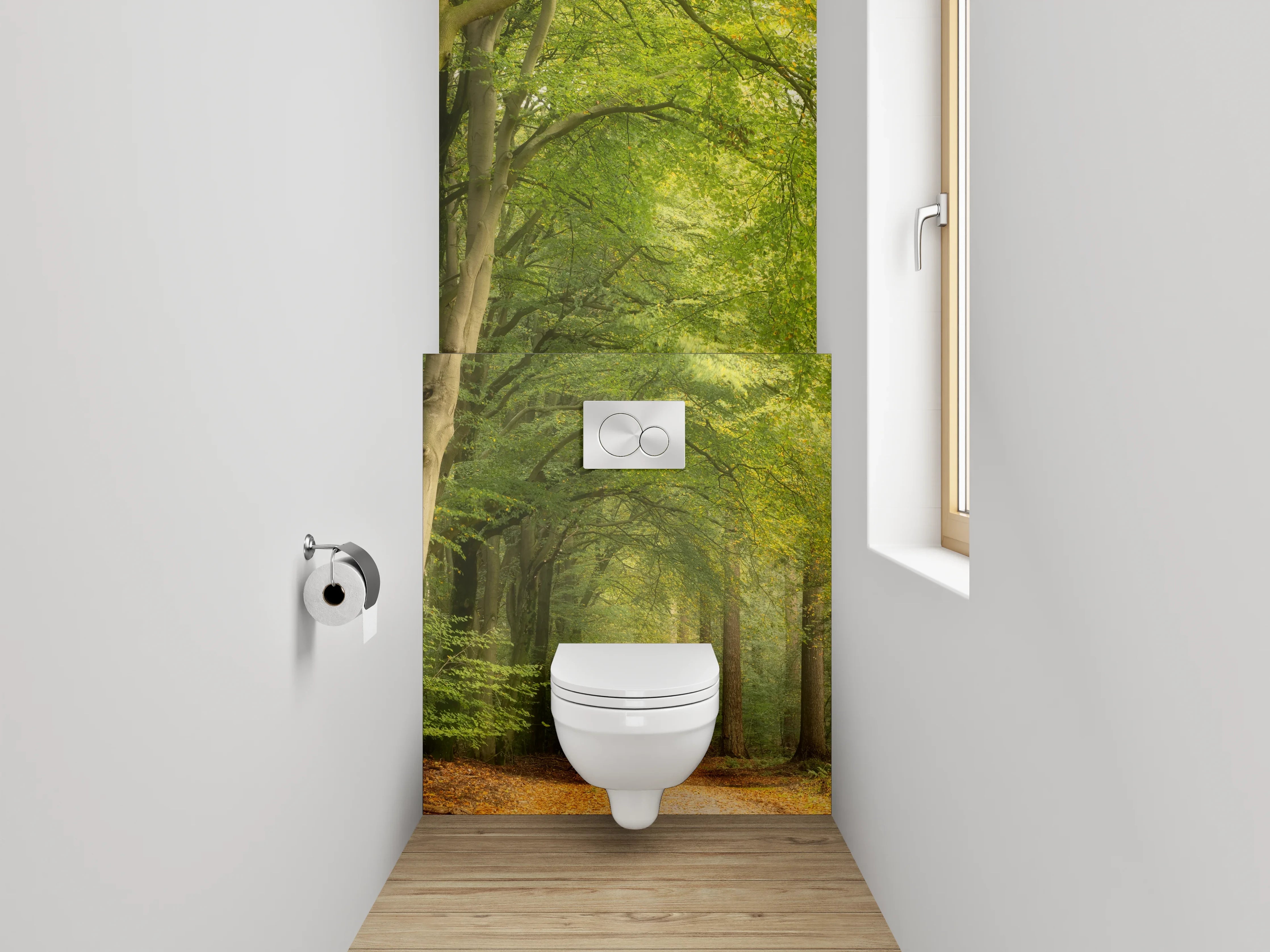 WC-Rückwand - Lichtdurchfluteter Waldweg Naturfoto