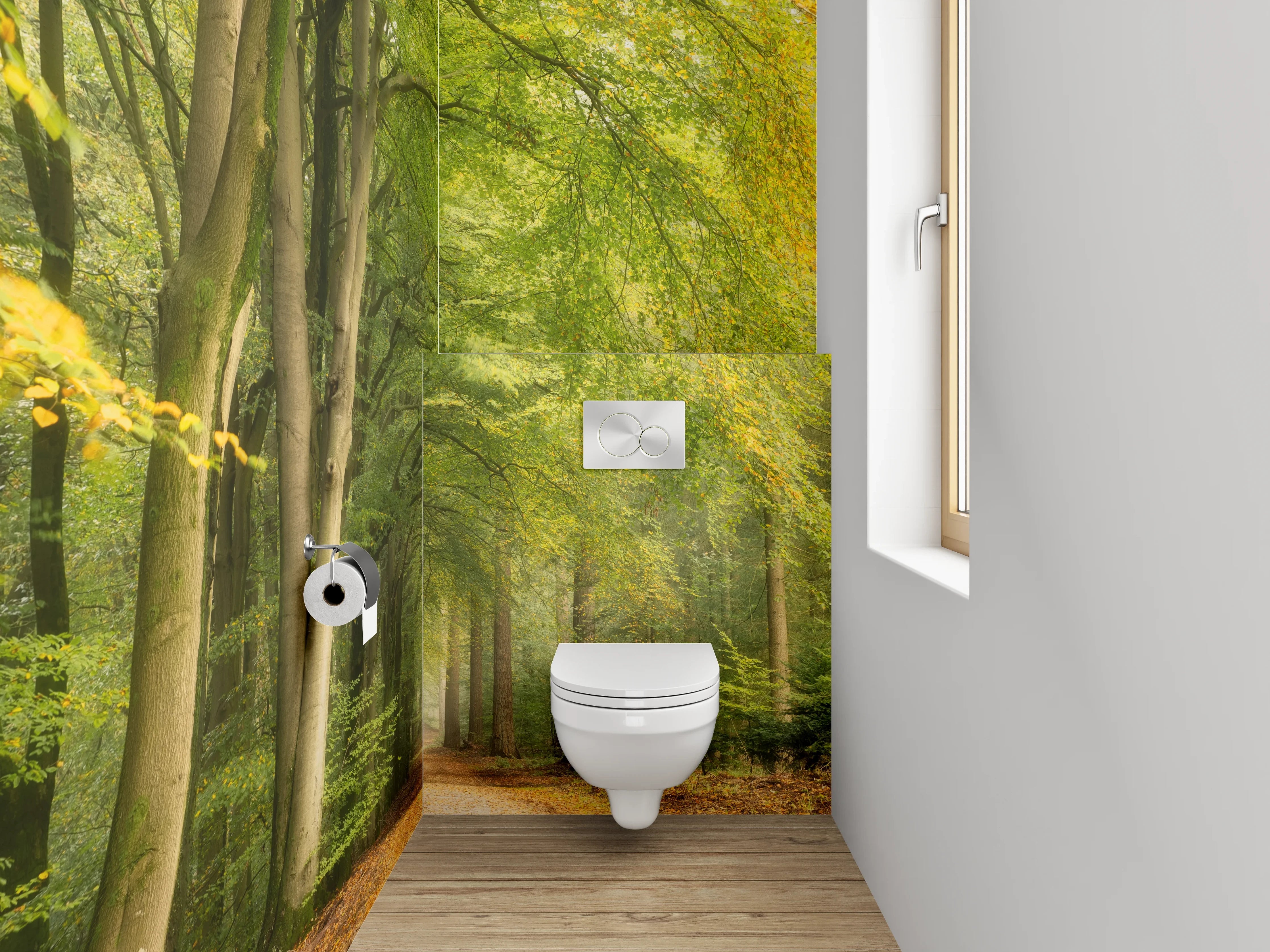 WC-Rückwand - Lichtdurchfluteter Waldweg Naturfoto