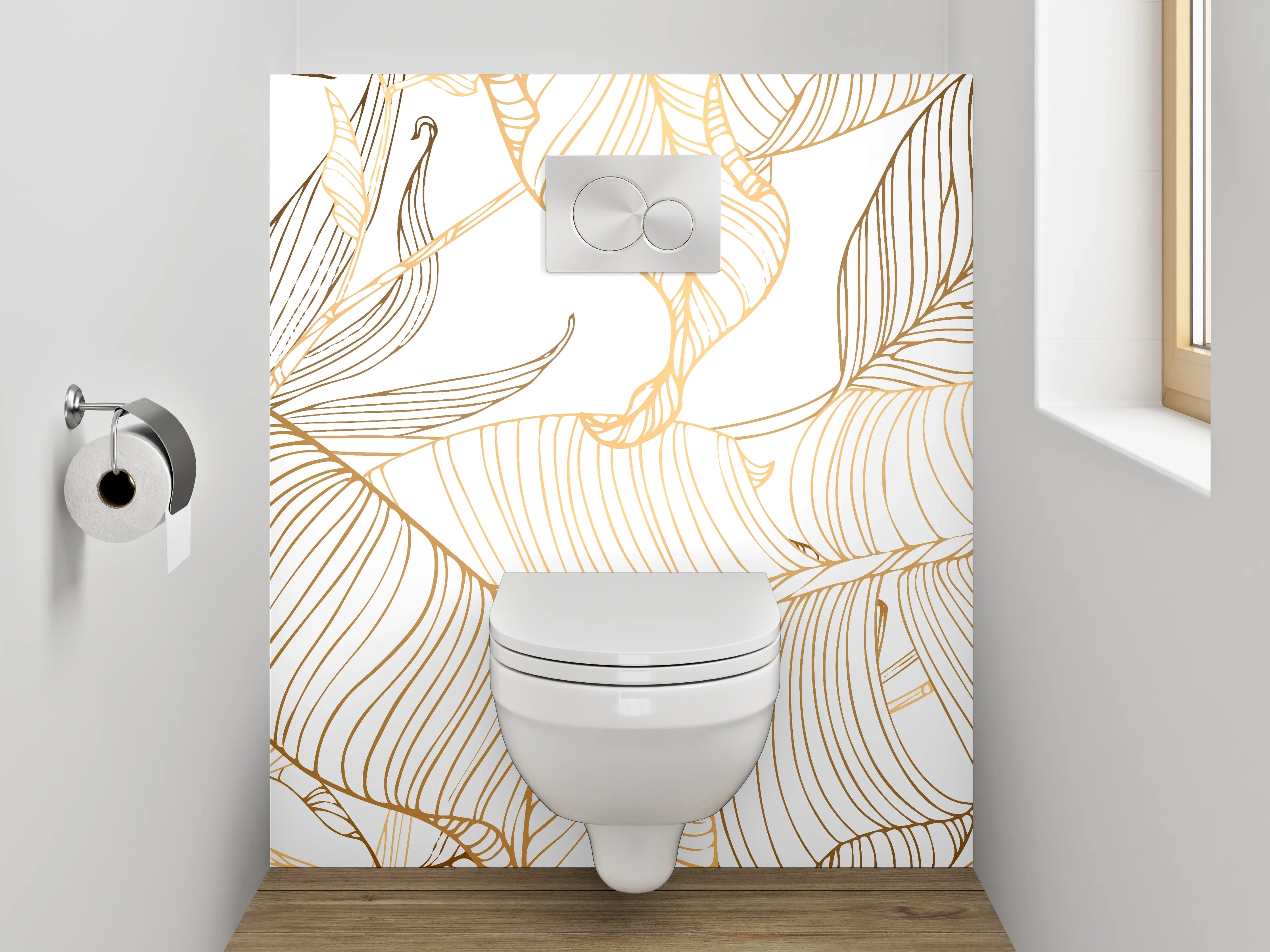 WC-Rückwand - Lineart Blätter Minimalistisch Gold Weiß