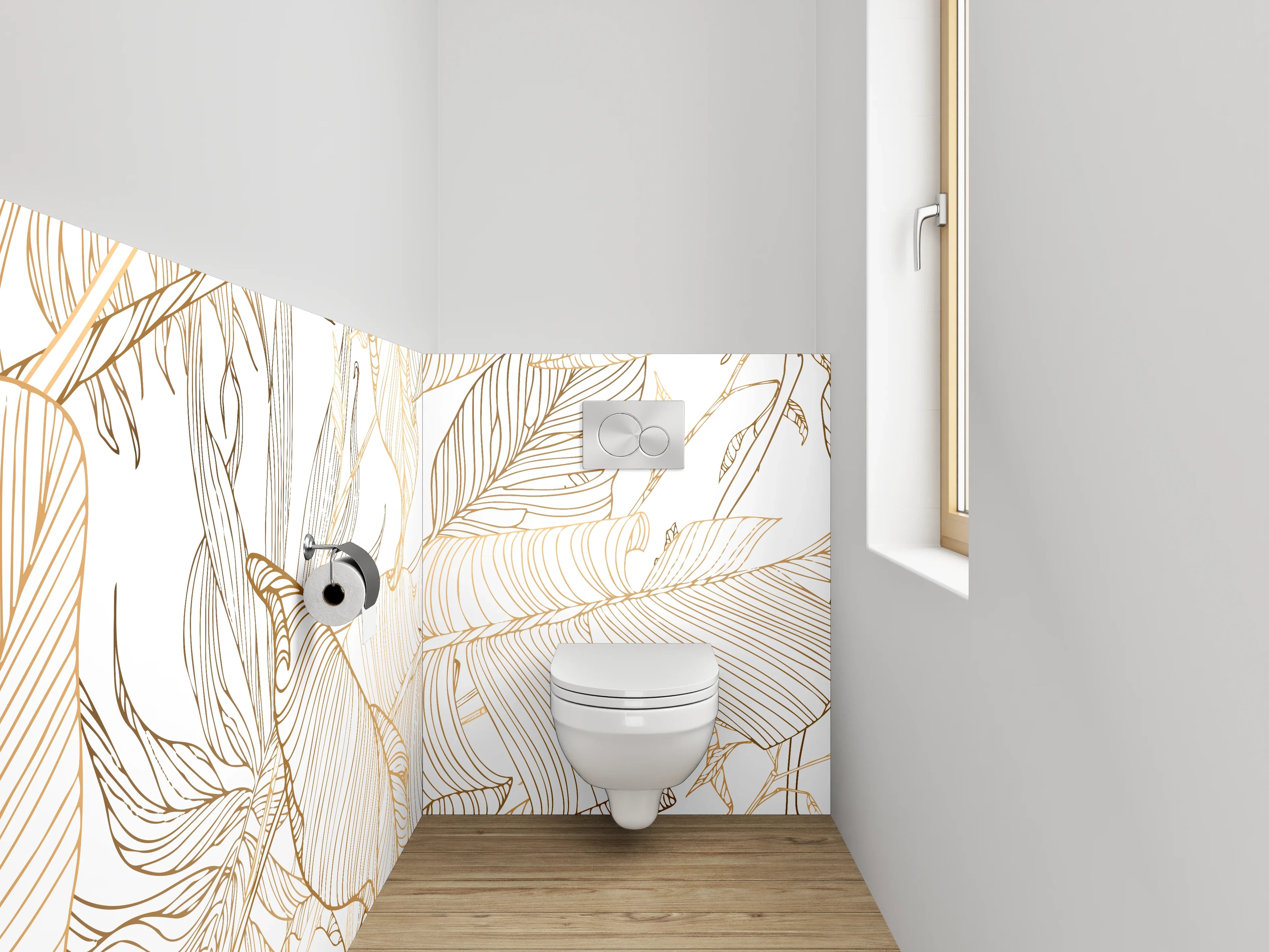 WC-Rückwand - Lineart Blätter Minimalistisch Gold Weiß