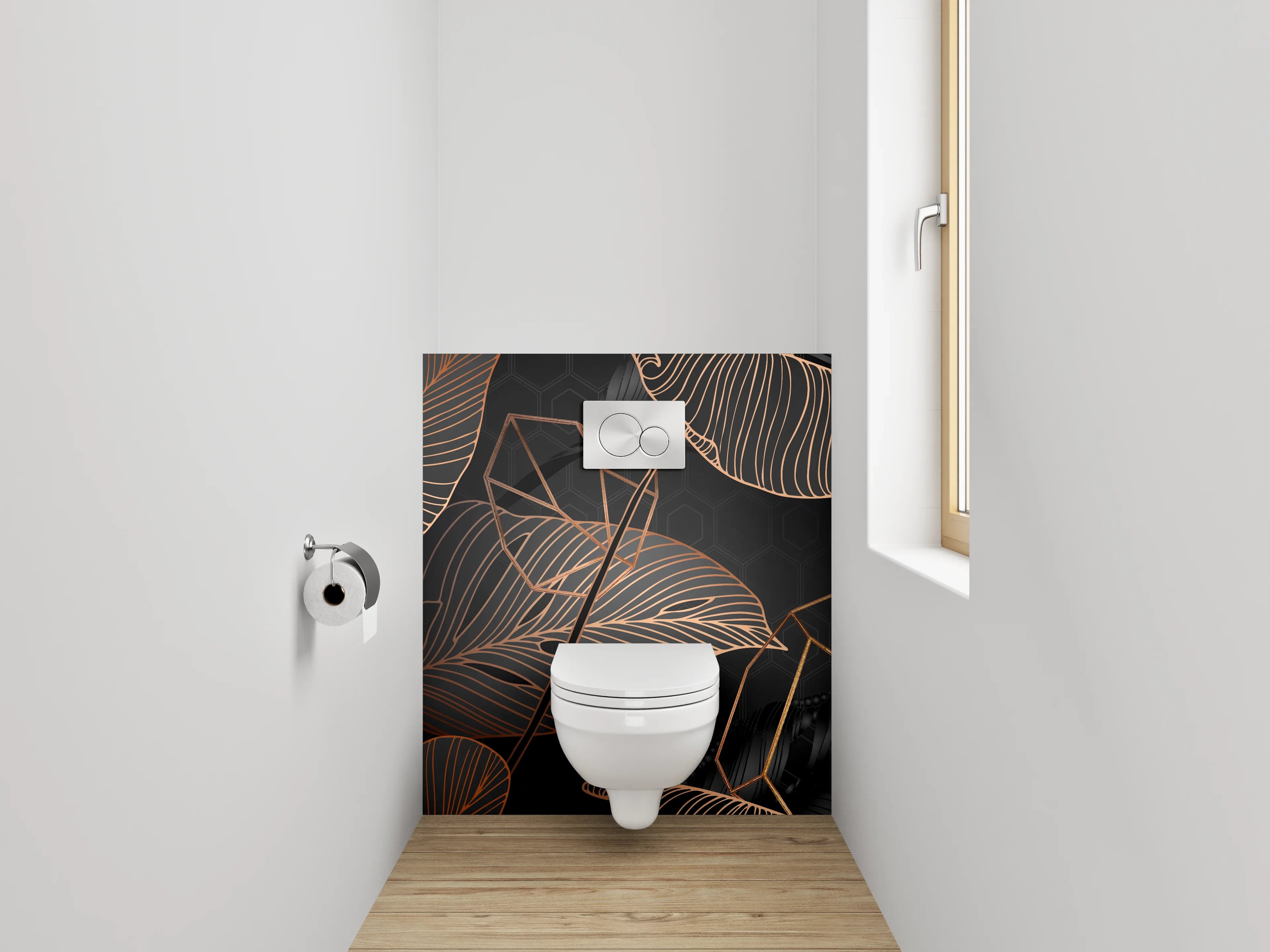 WC-Rückwand - Lineart Blätter Schwarz Kupfer Tropisch