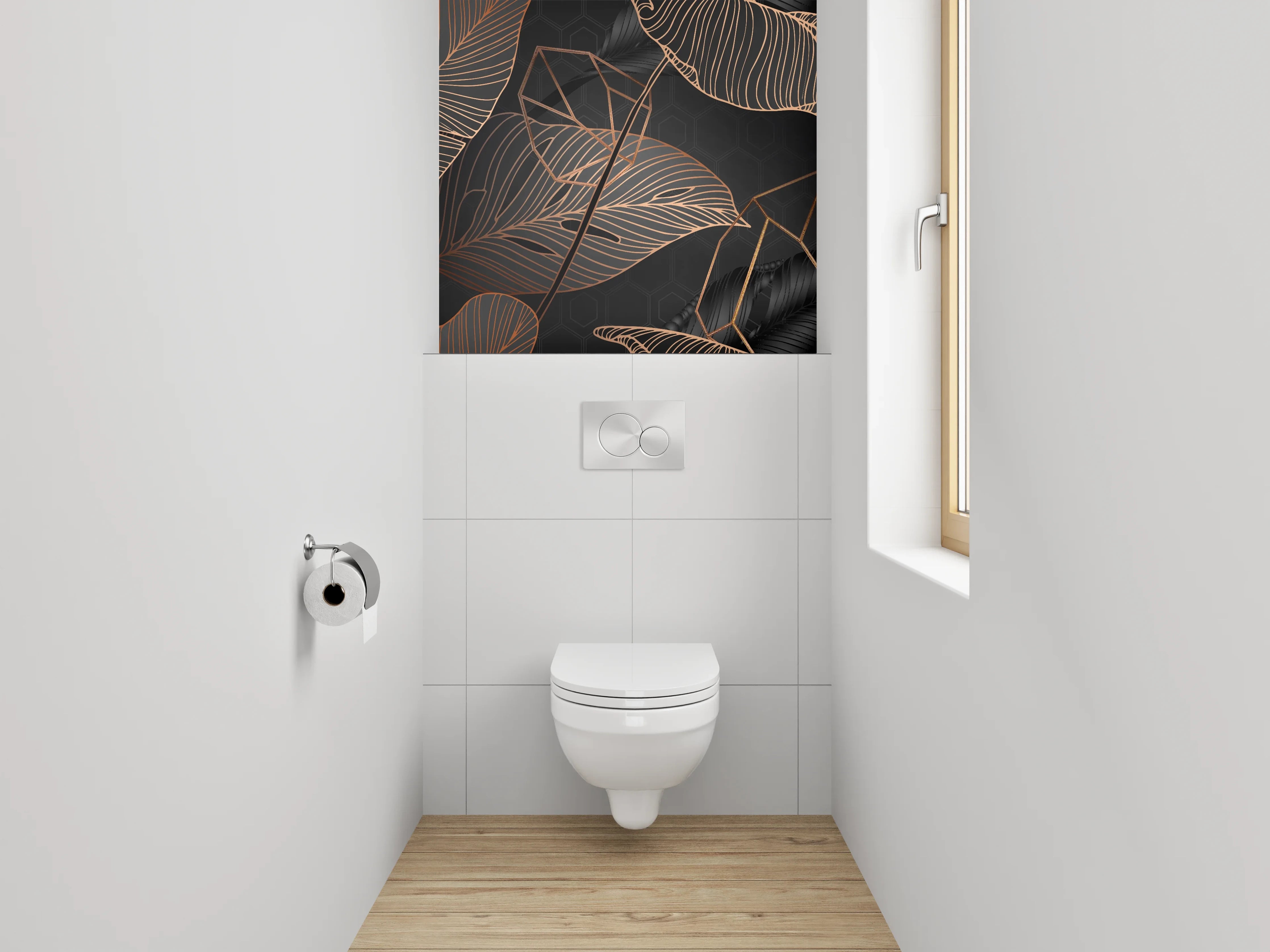 WC-Rückwand - Lineart Blätter Schwarz Kupfer Tropisch