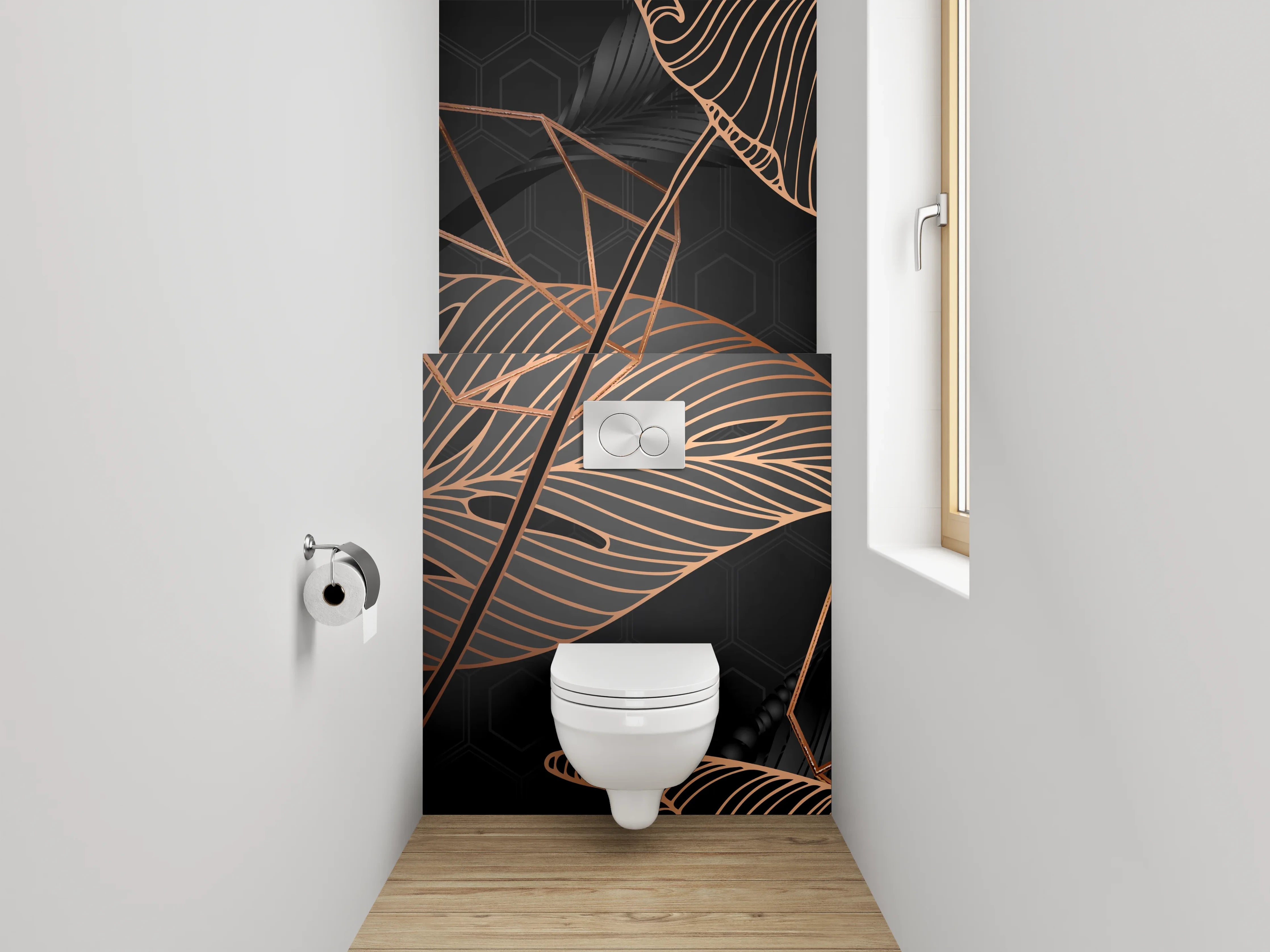 WC-Rückwand - Lineart Blätter Schwarz Kupfer Tropisch