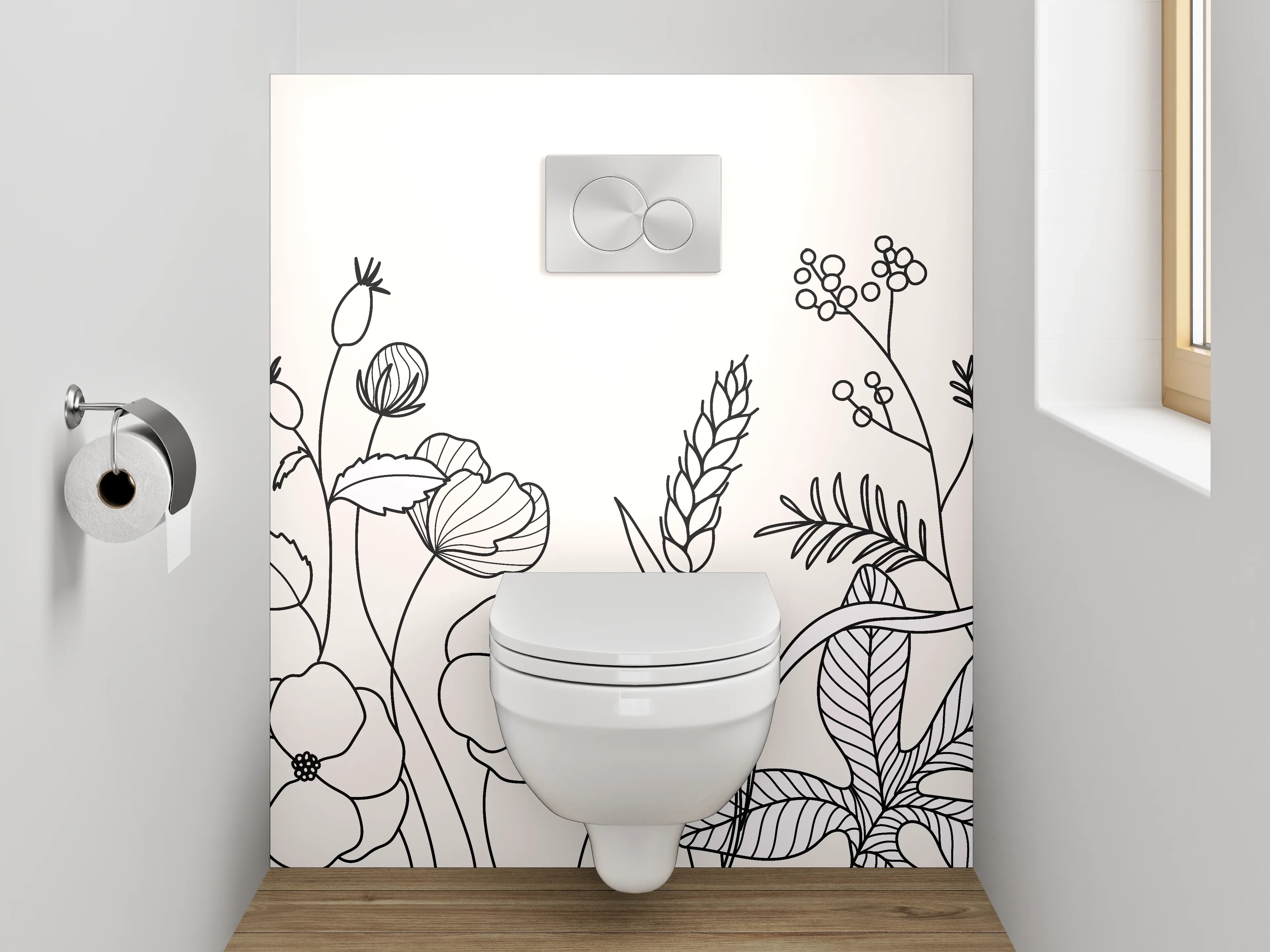 WC-Rückwand - Lineart Blumen und Pflanzen Schwarz-Weiß