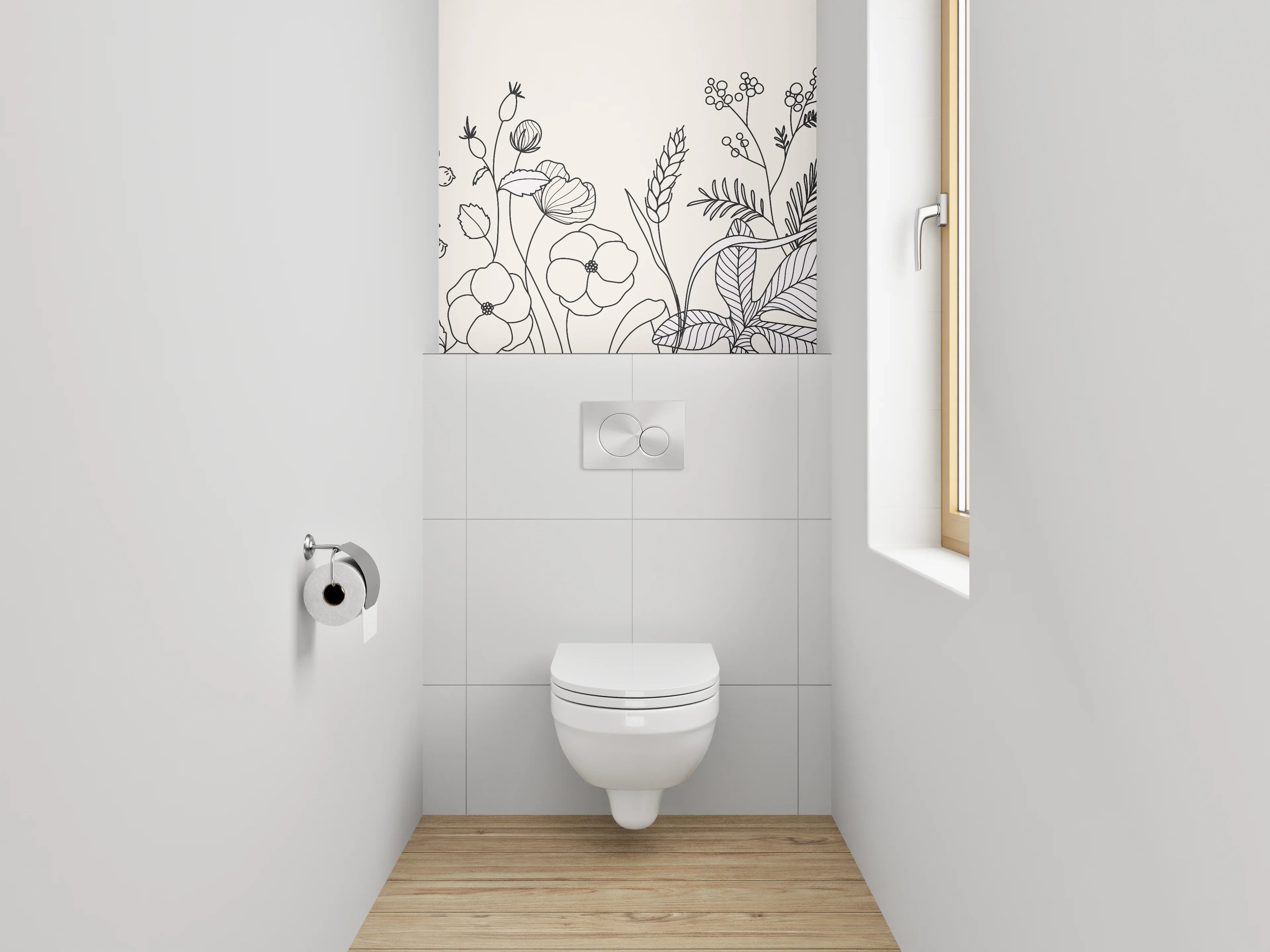 WC-Rückwand - Lineart Blumen und Pflanzen Schwarz-Weiß