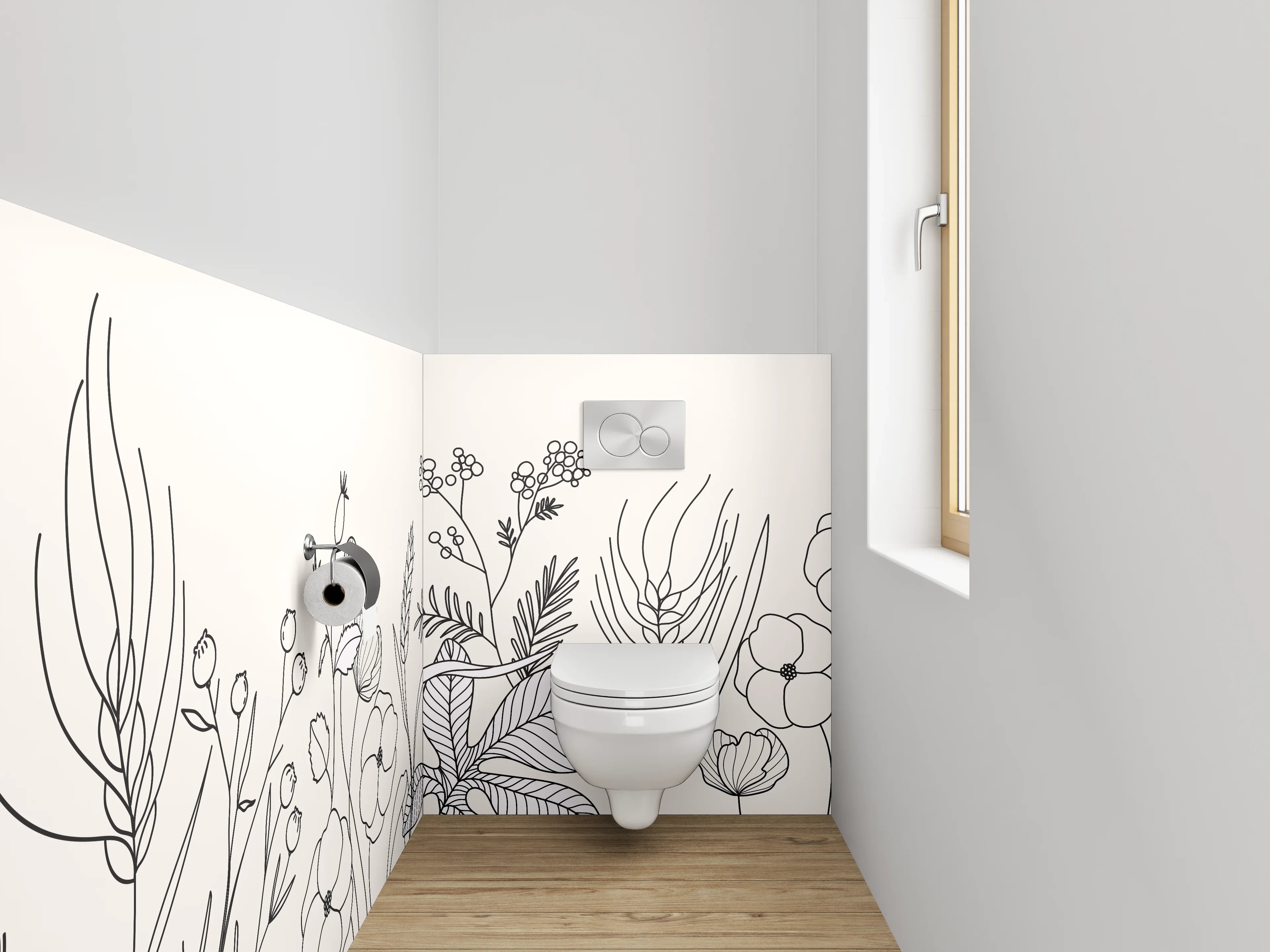 WC-Rückwand - Lineart Blumen und Pflanzen Schwarz-Weiß