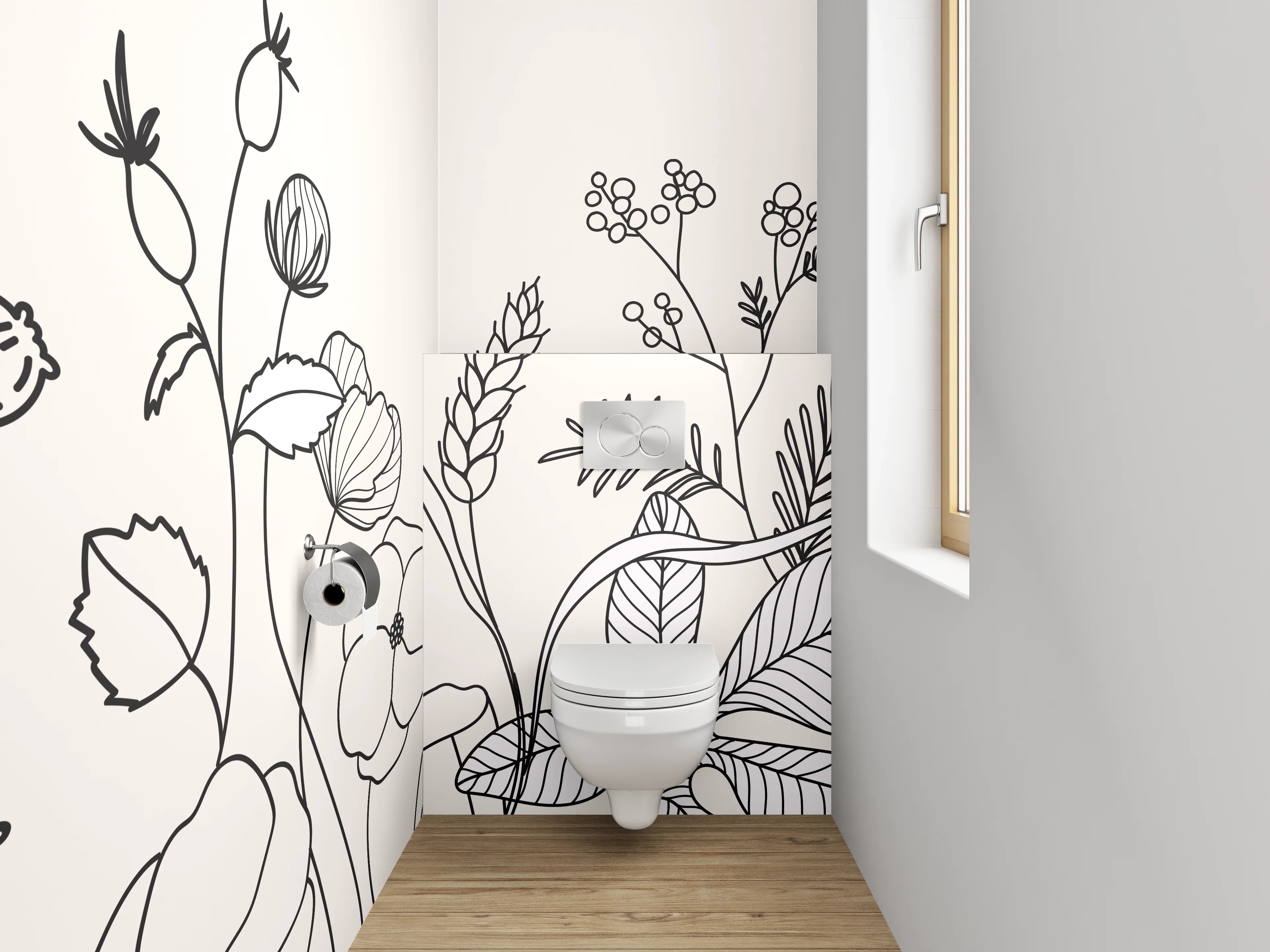 WC-Rückwand - Lineart Blumen und Pflanzen Schwarz-Weiß