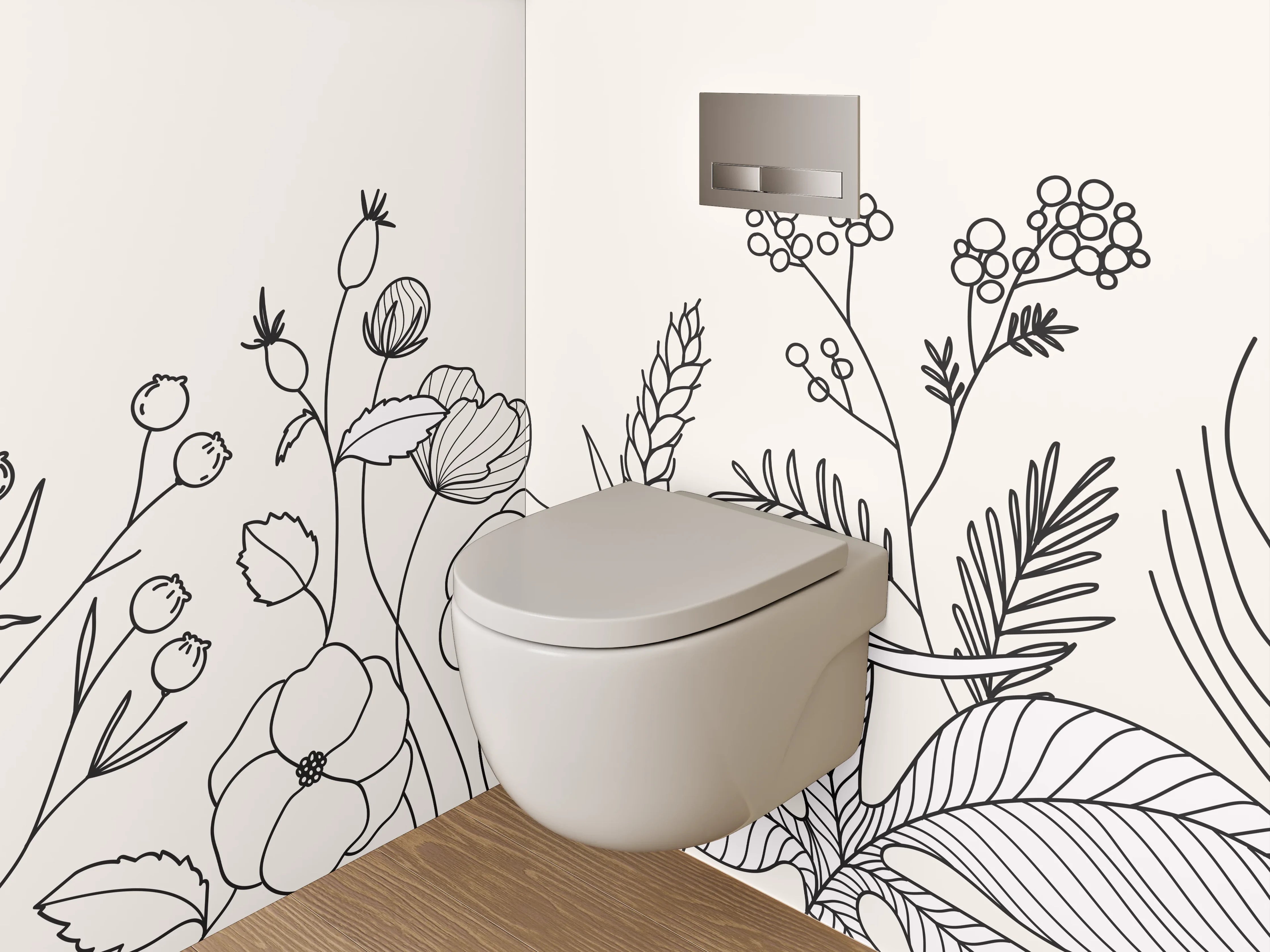 WC-Rückwand - Lineart Blumen und Pflanzen Schwarz-Weiß