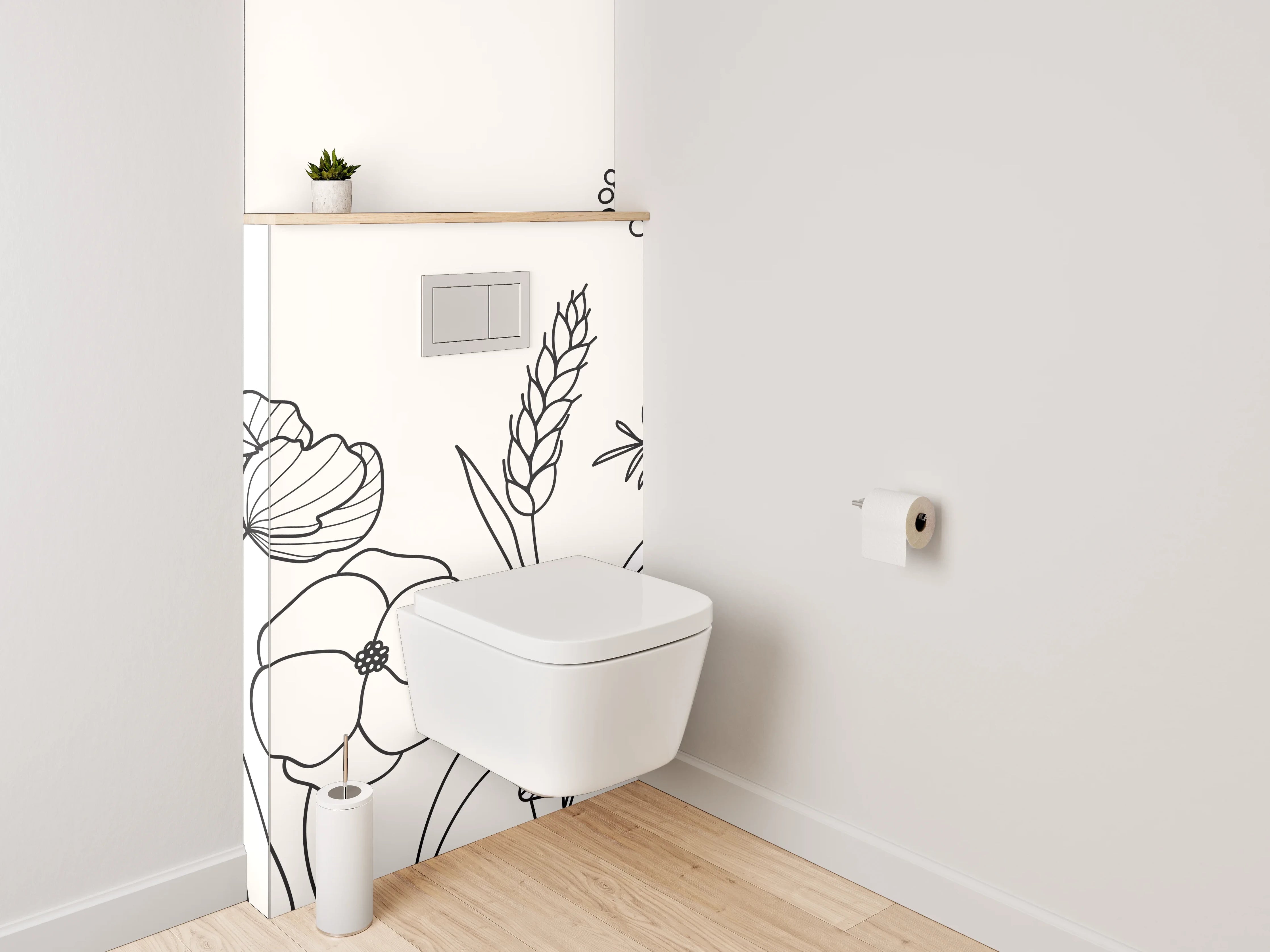 WC-Rückwand - Lineart Blumen und Pflanzen Schwarz-Weiß