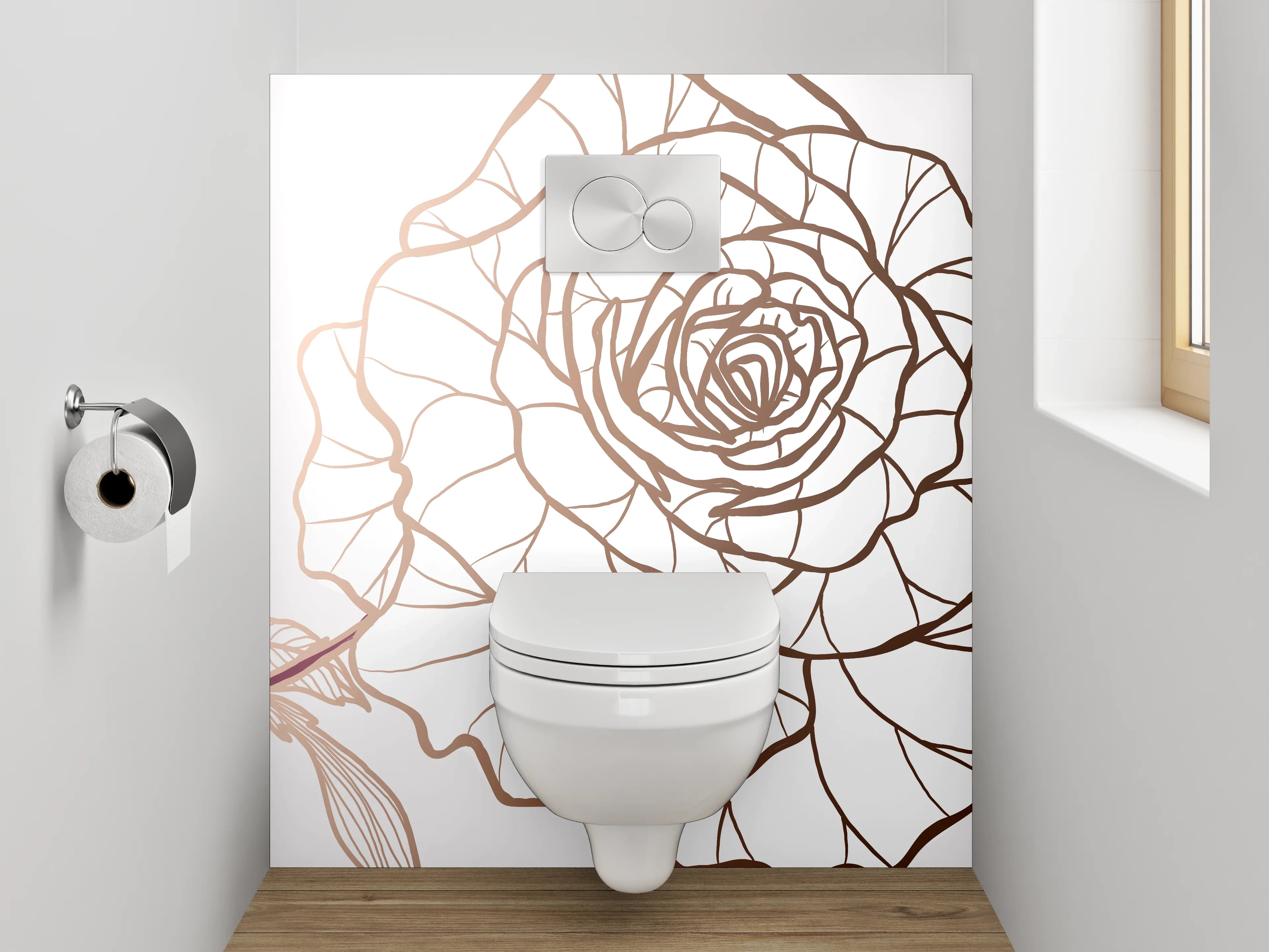 WC-Rückwand - Lineart Rosen auf Weiß – Blumenmotiv