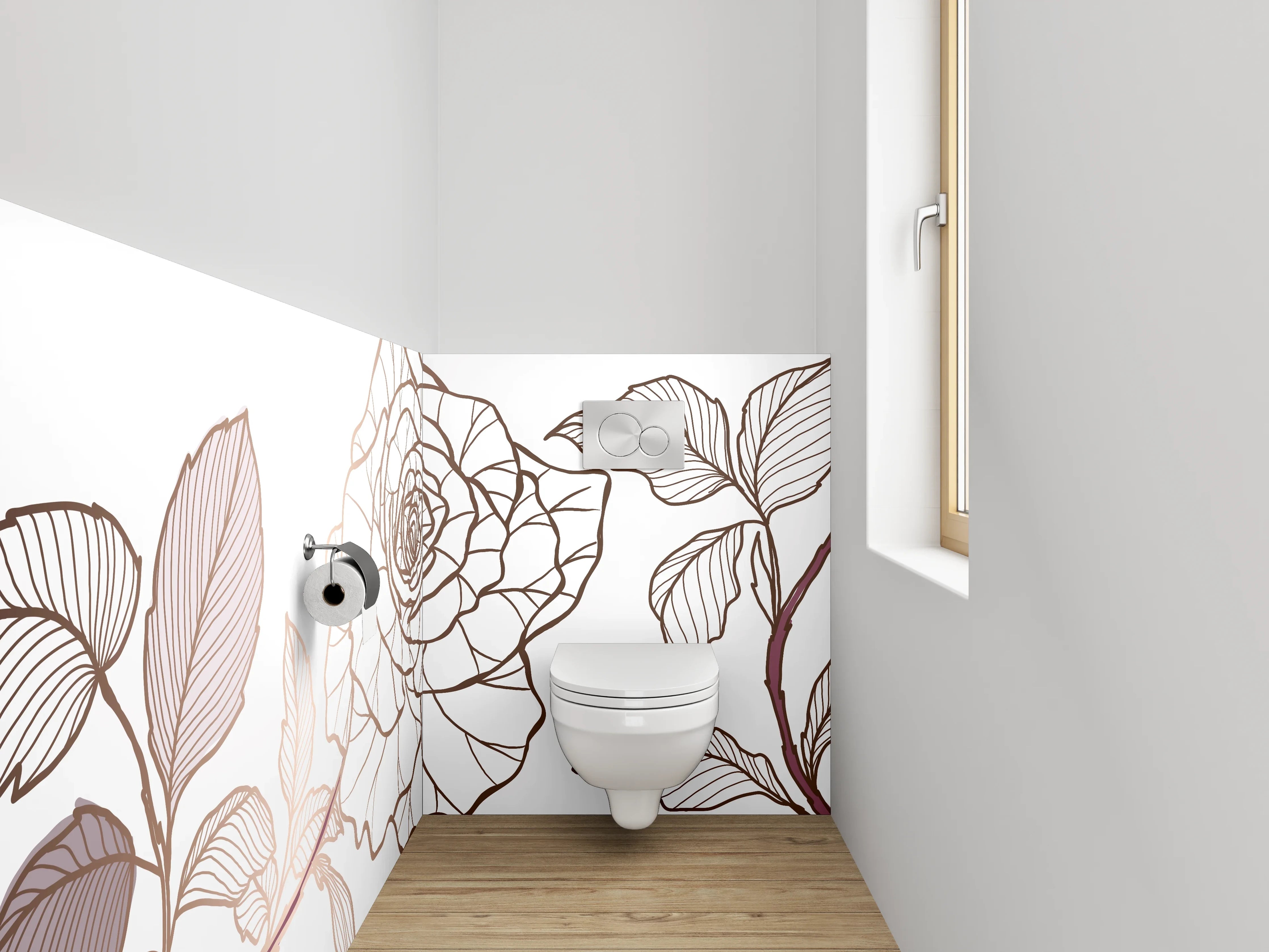 WC-Rückwand - Lineart Rosen auf Weiß – Blumenmotiv