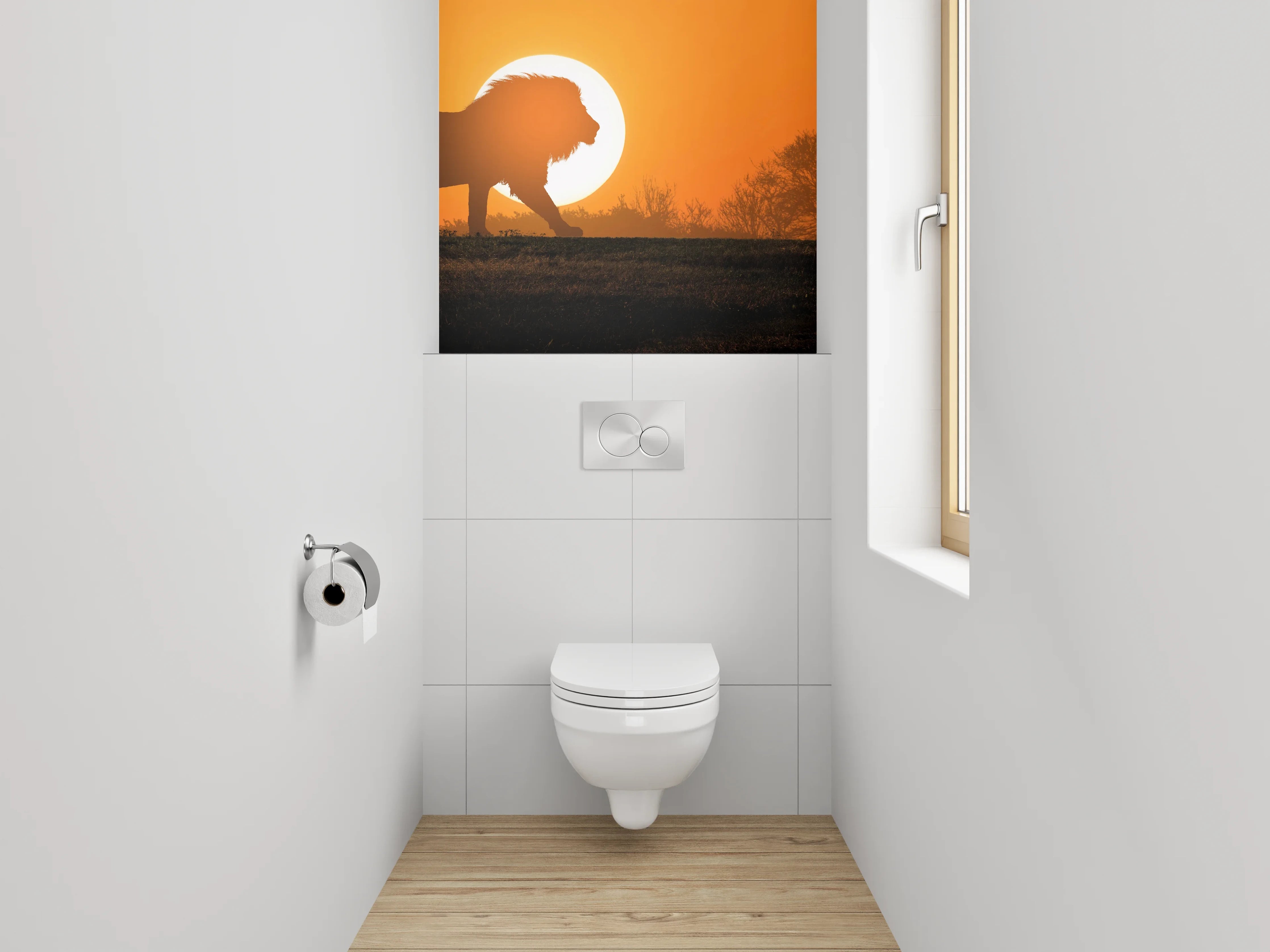 WC-Rückwand - Löwe vor Sonnenuntergang Savanne Fotokunst