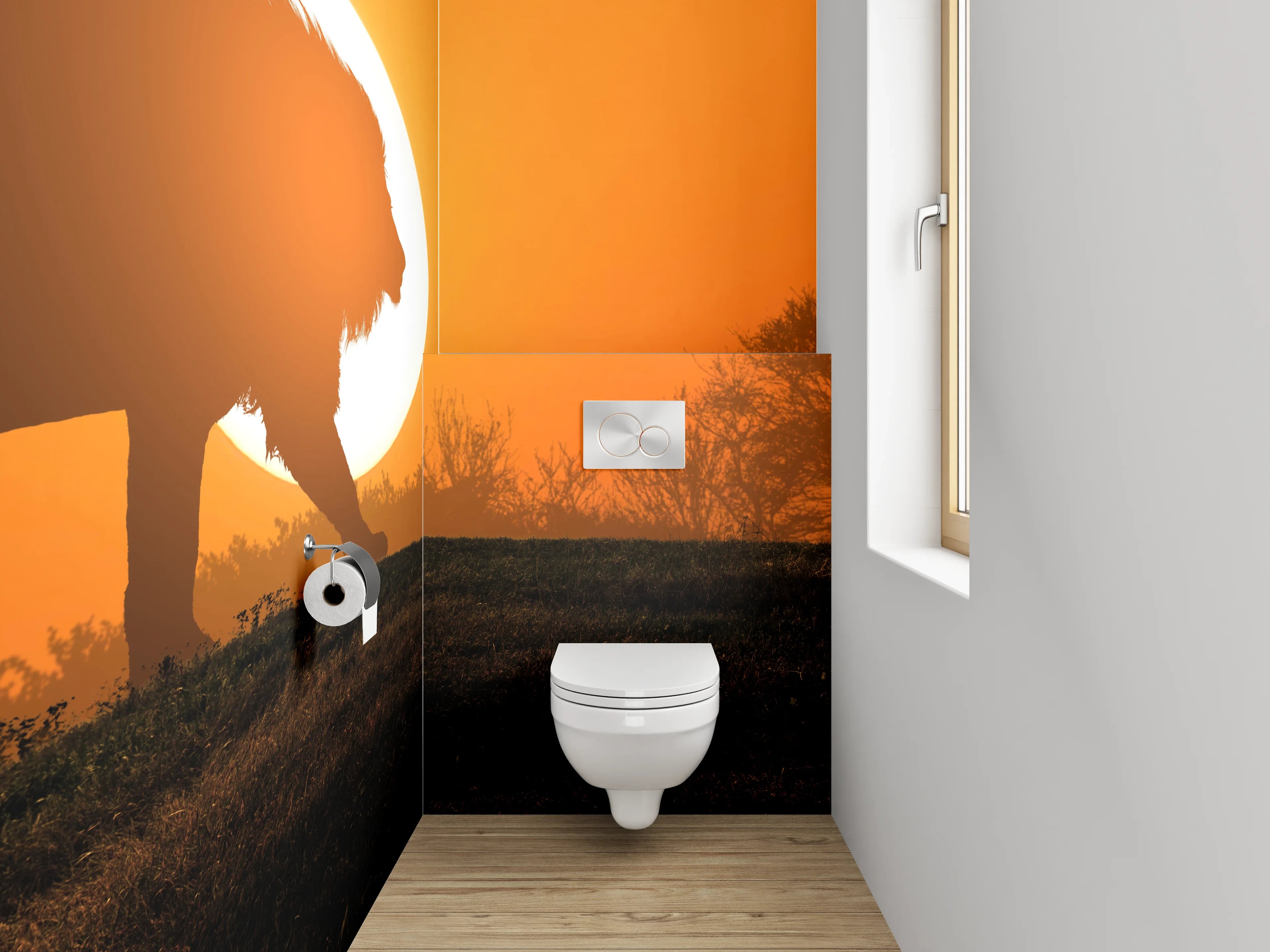 WC-Rückwand - Löwe vor Sonnenuntergang Savanne Fotokunst