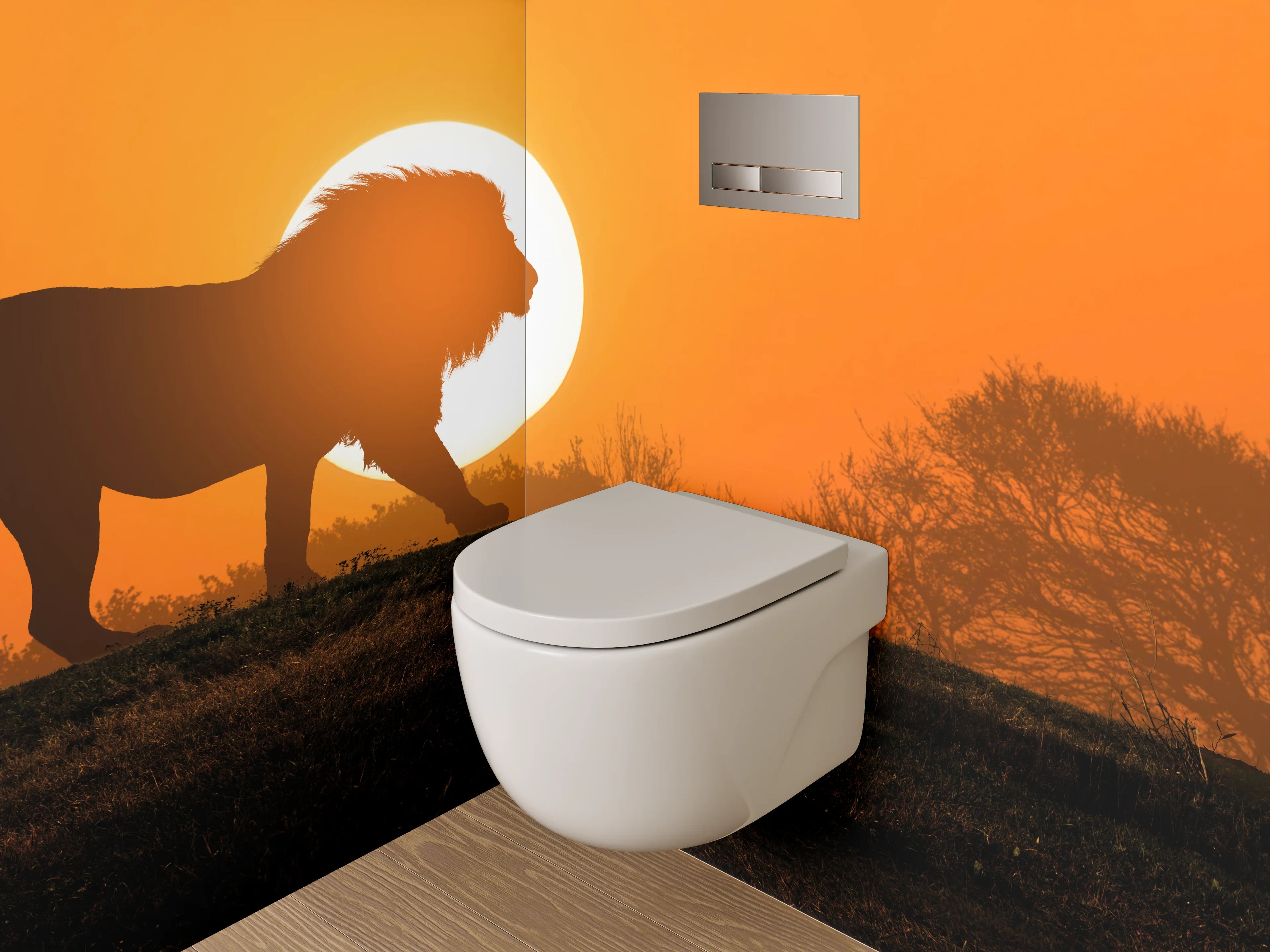 WC-Rückwand - Löwe vor Sonnenuntergang Savanne Fotokunst