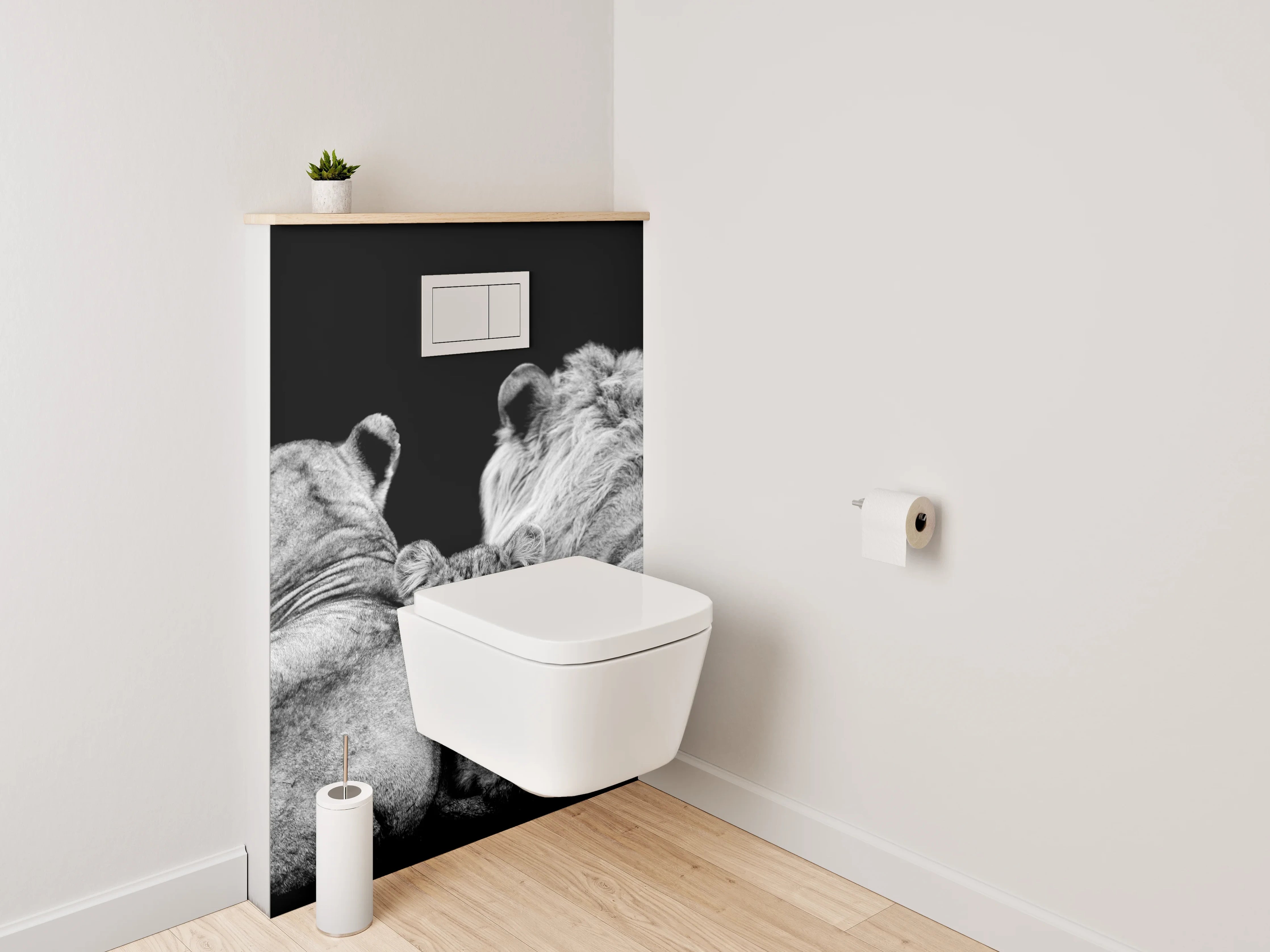 WC-Rückwand - Löwenfamilie in Schwarz-Weiß