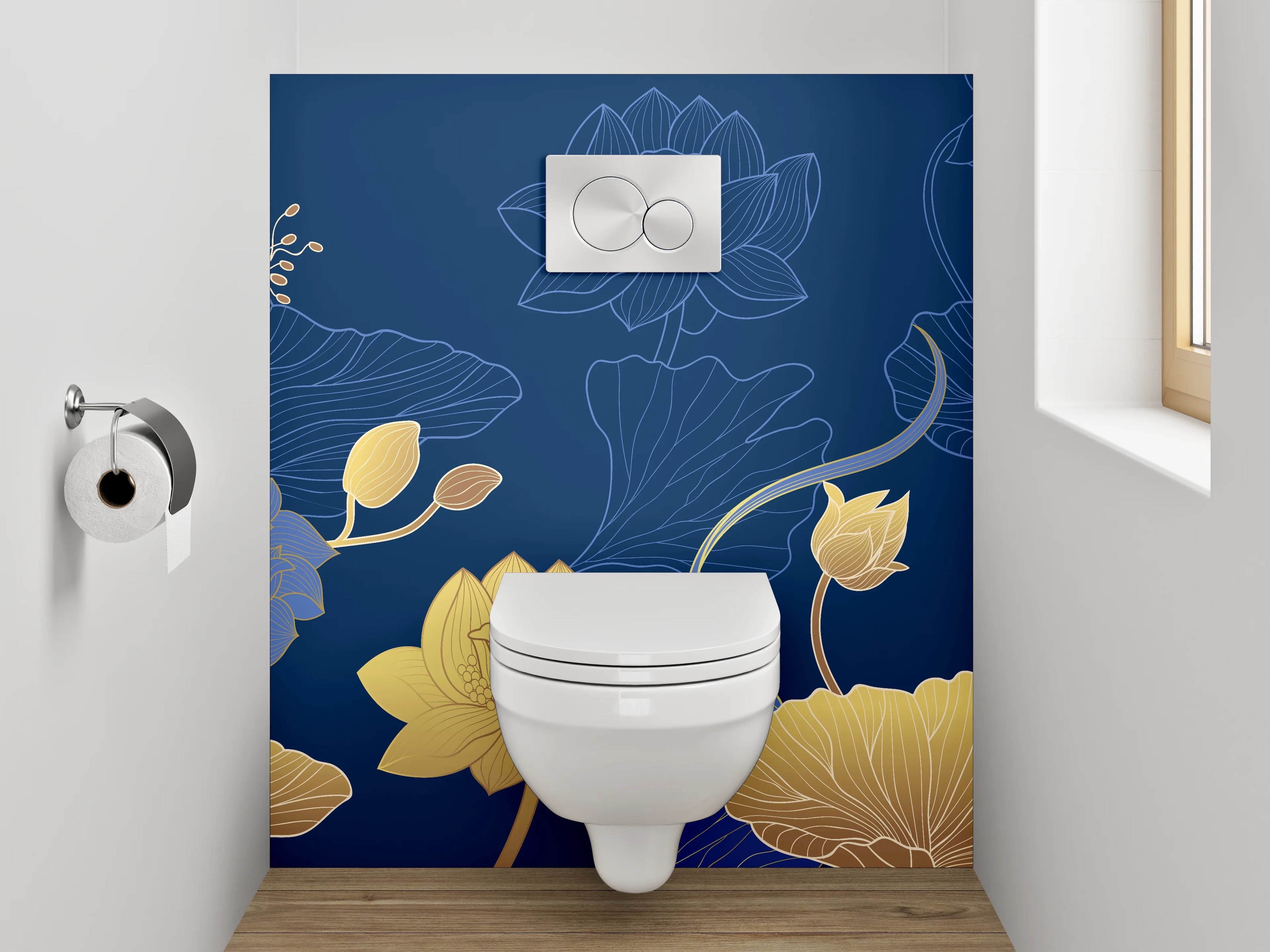 WC-Rückwand - Lotus Blumen Muster Gold Blau