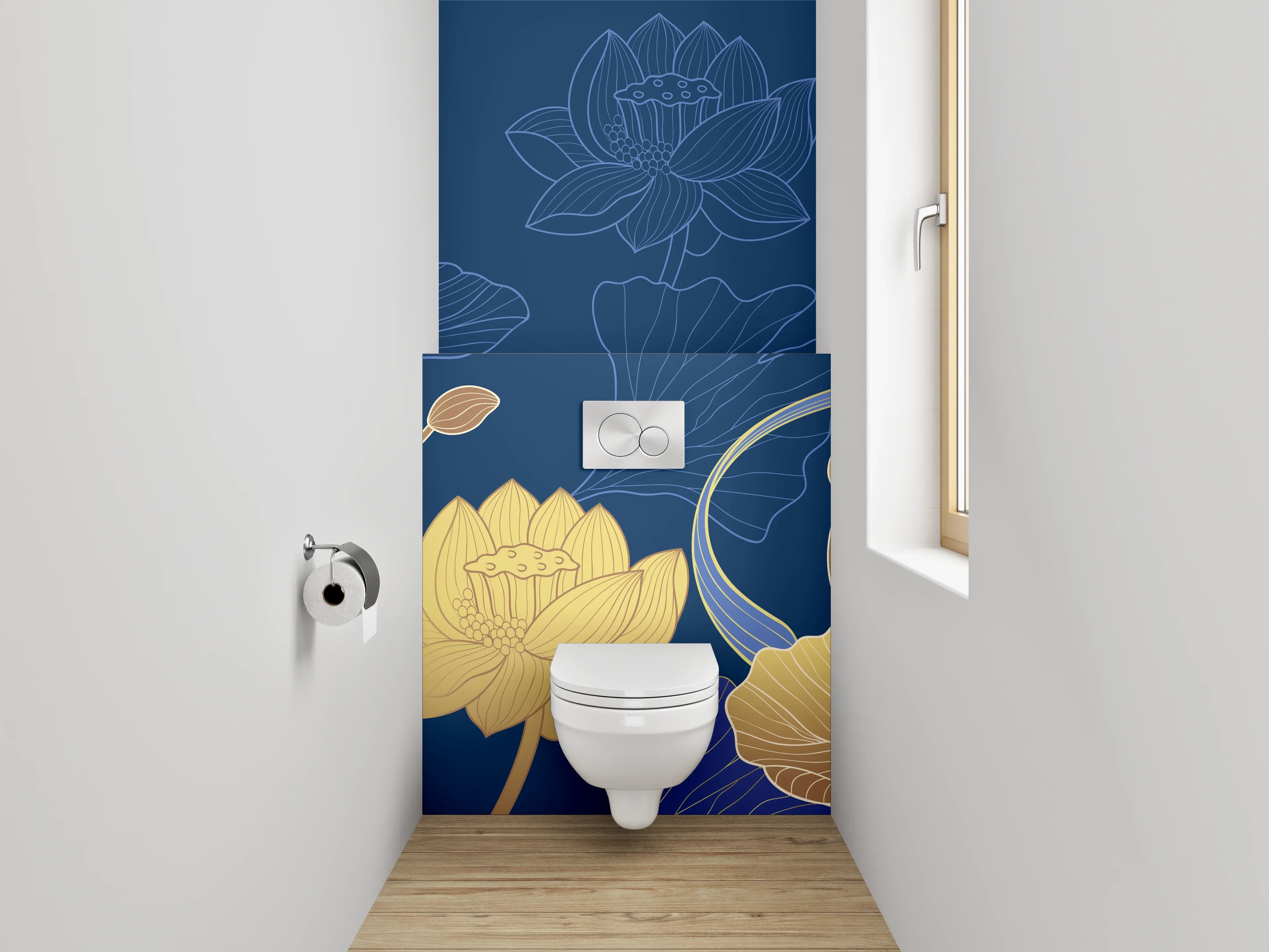 WC-Rückwand - Lotus Blumen Muster Gold Blau