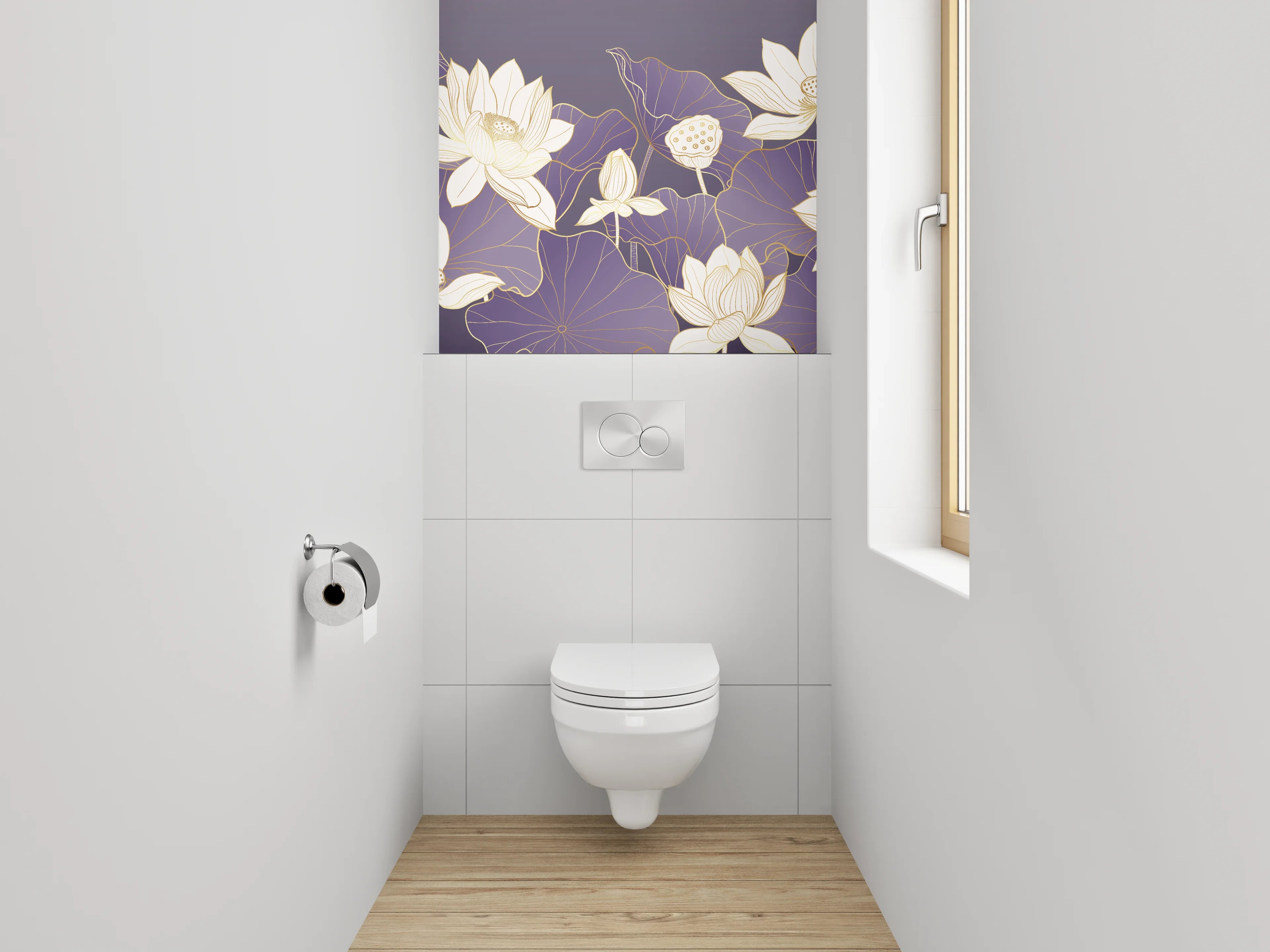 WC-Rückwand - Lotus-Illustration auf violettem Hintergrund