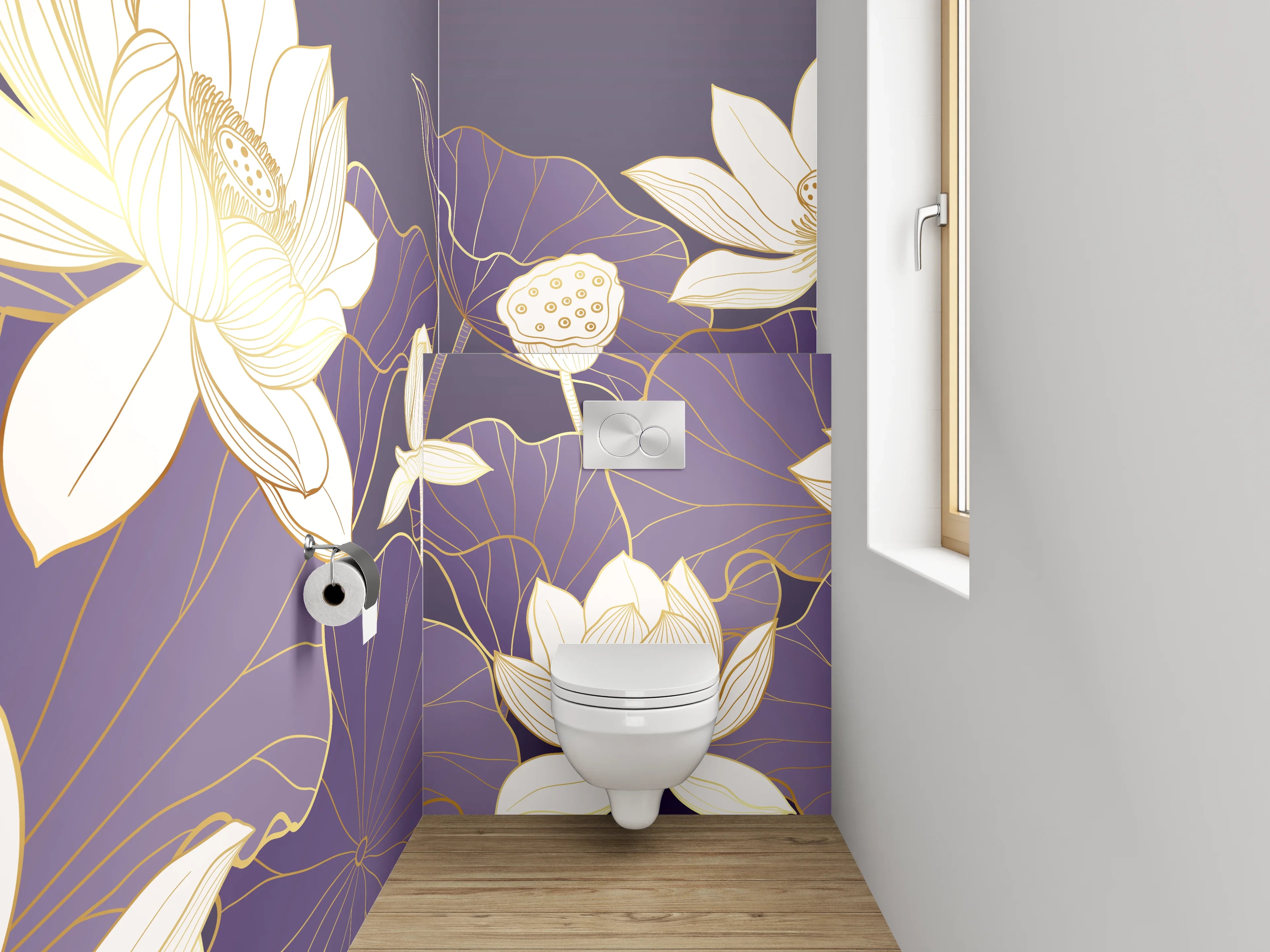 WC-Rückwand - Lotus-Illustration auf violettem Hintergrund
