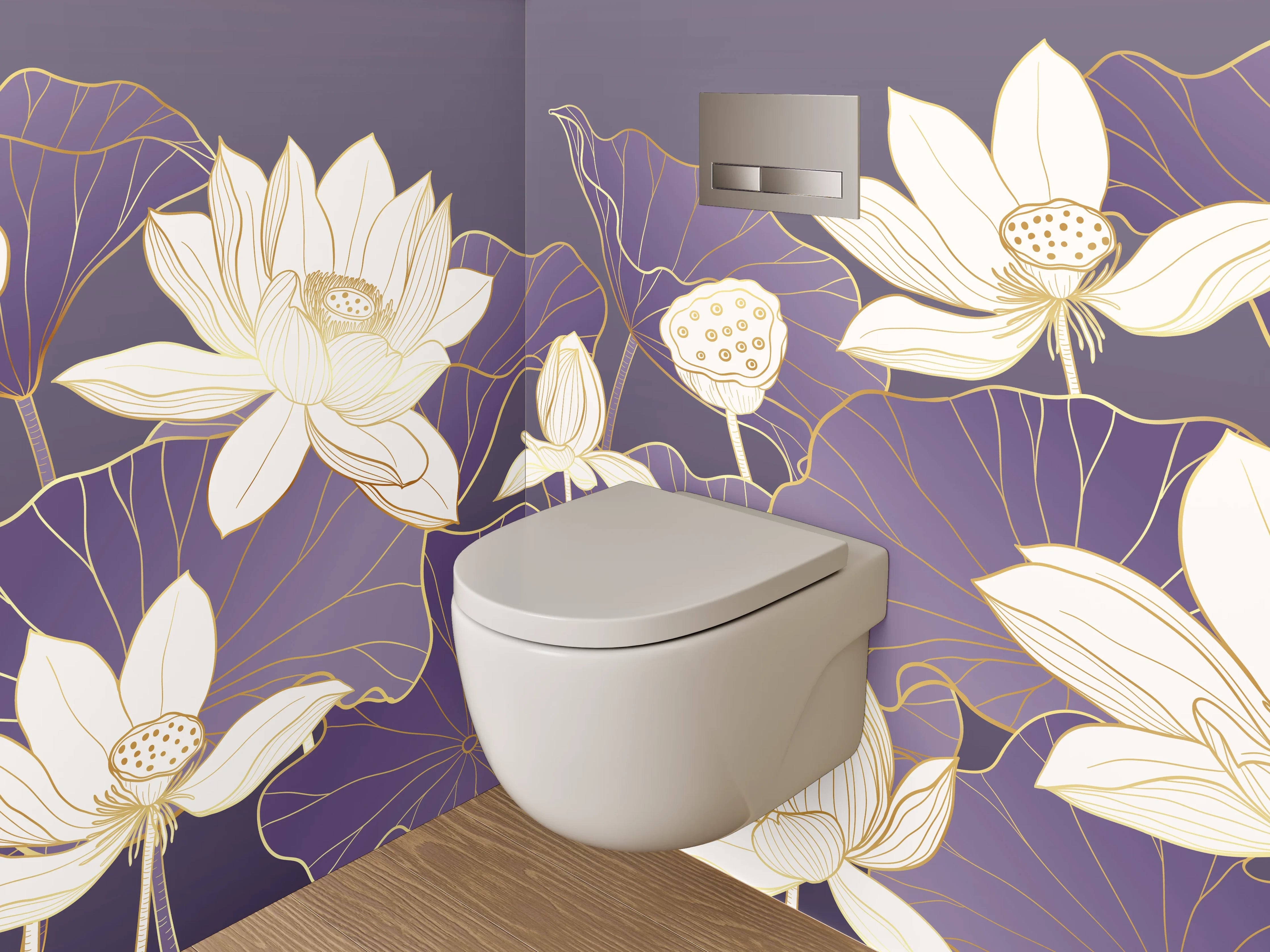WC-Rückwand - Lotus-Illustration auf violettem Hintergrund