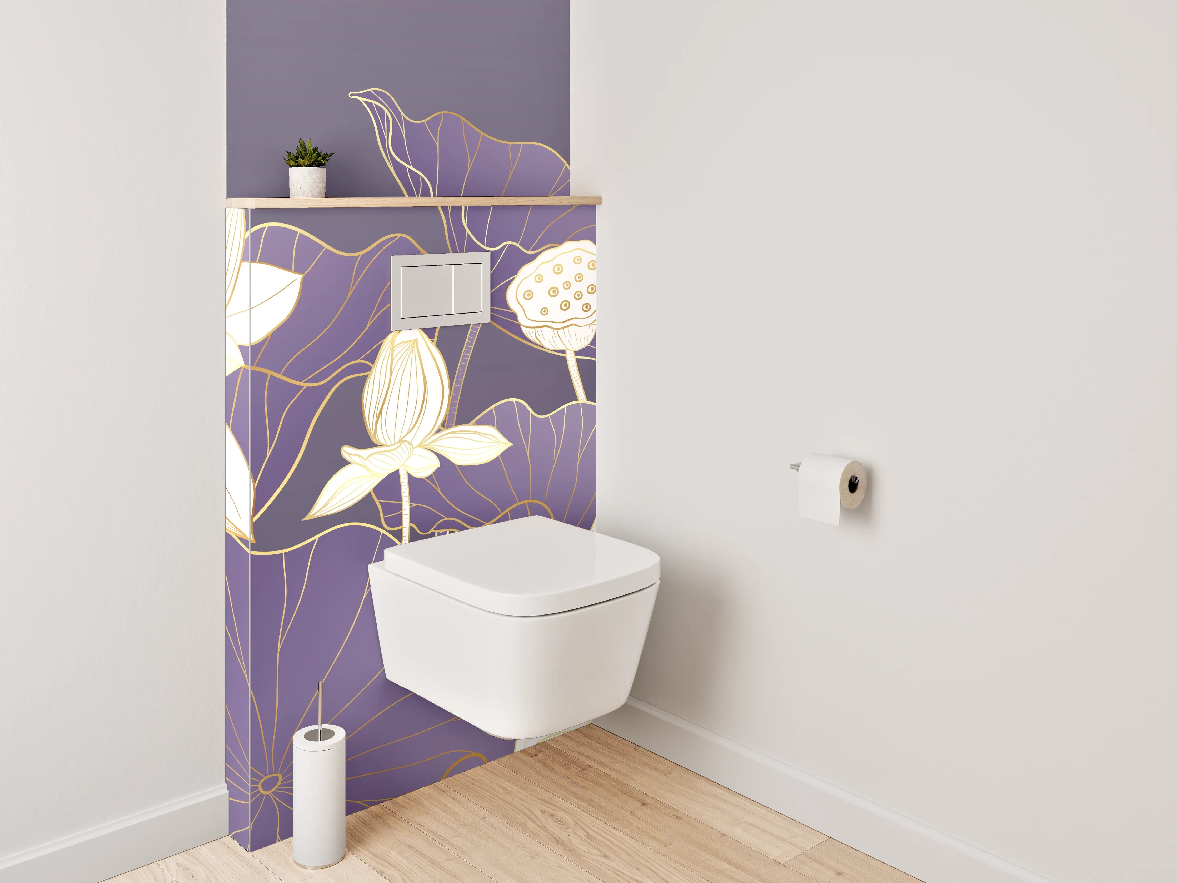 WC-Rückwand - Lotus-Illustration auf violettem Hintergrund