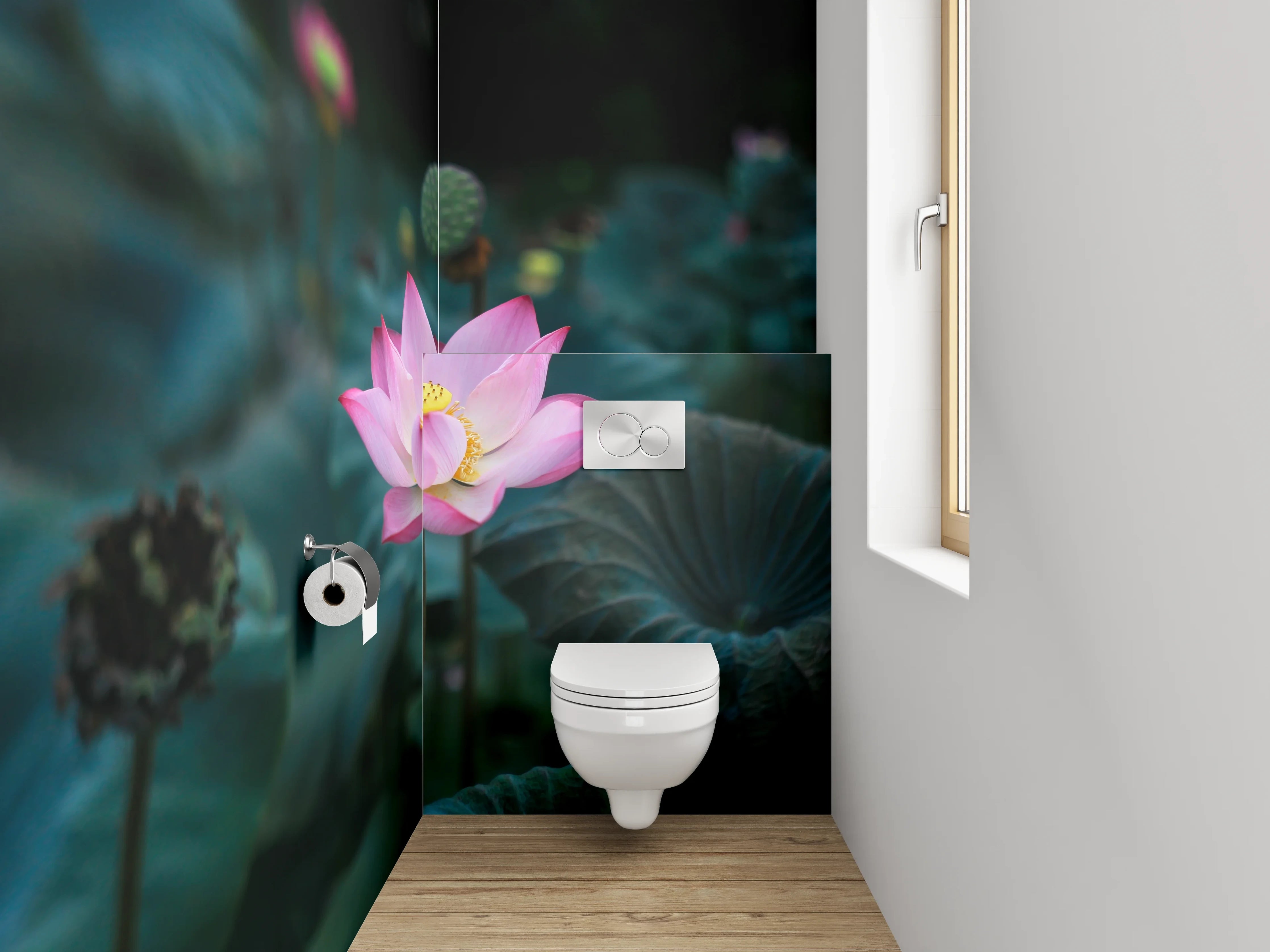 WC-Rückwand - Lotusblüte im Teich – Zen-Motiv