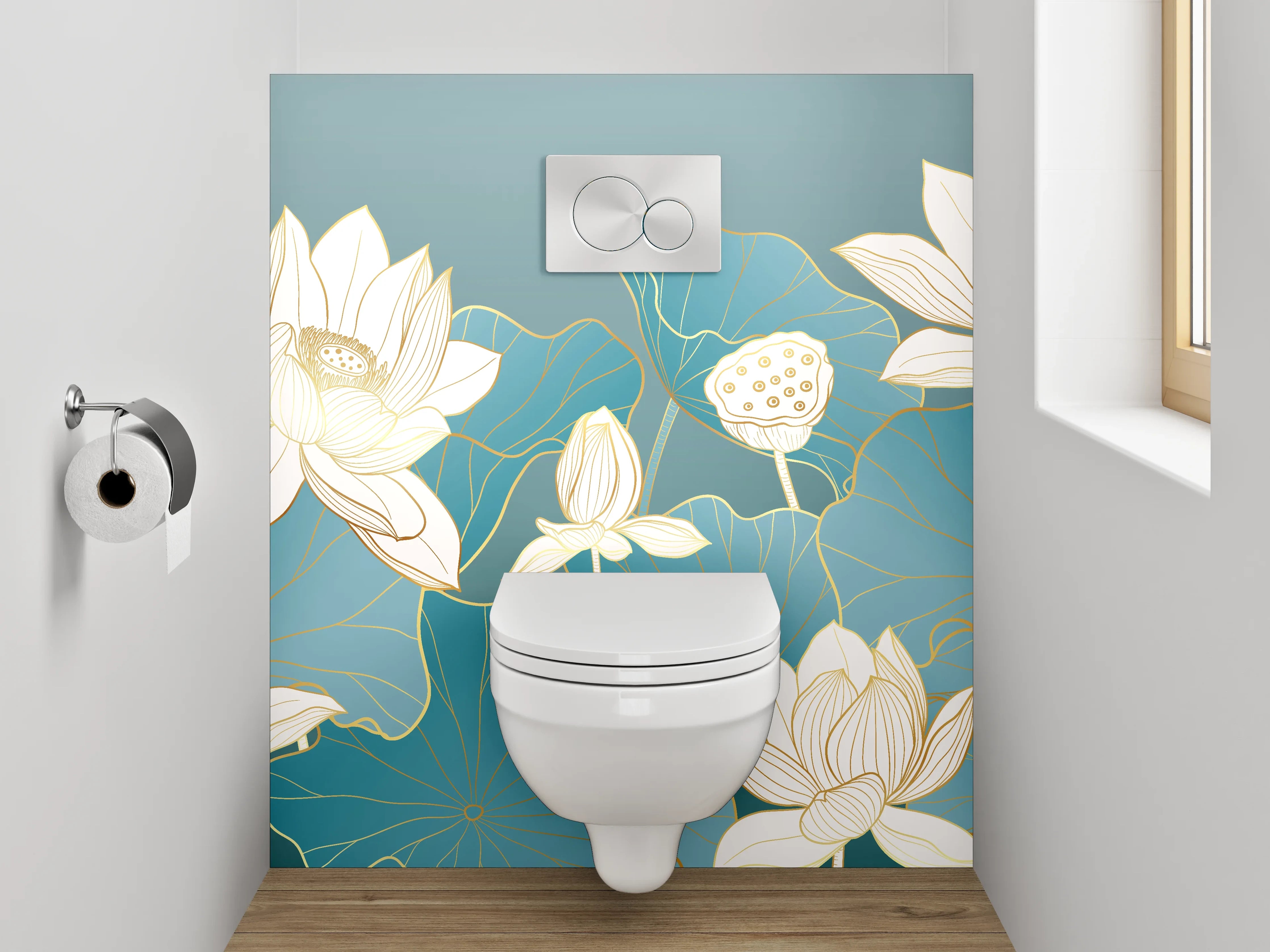 WC-Rückwand - Lotusblüten Aquarell Blau Gold