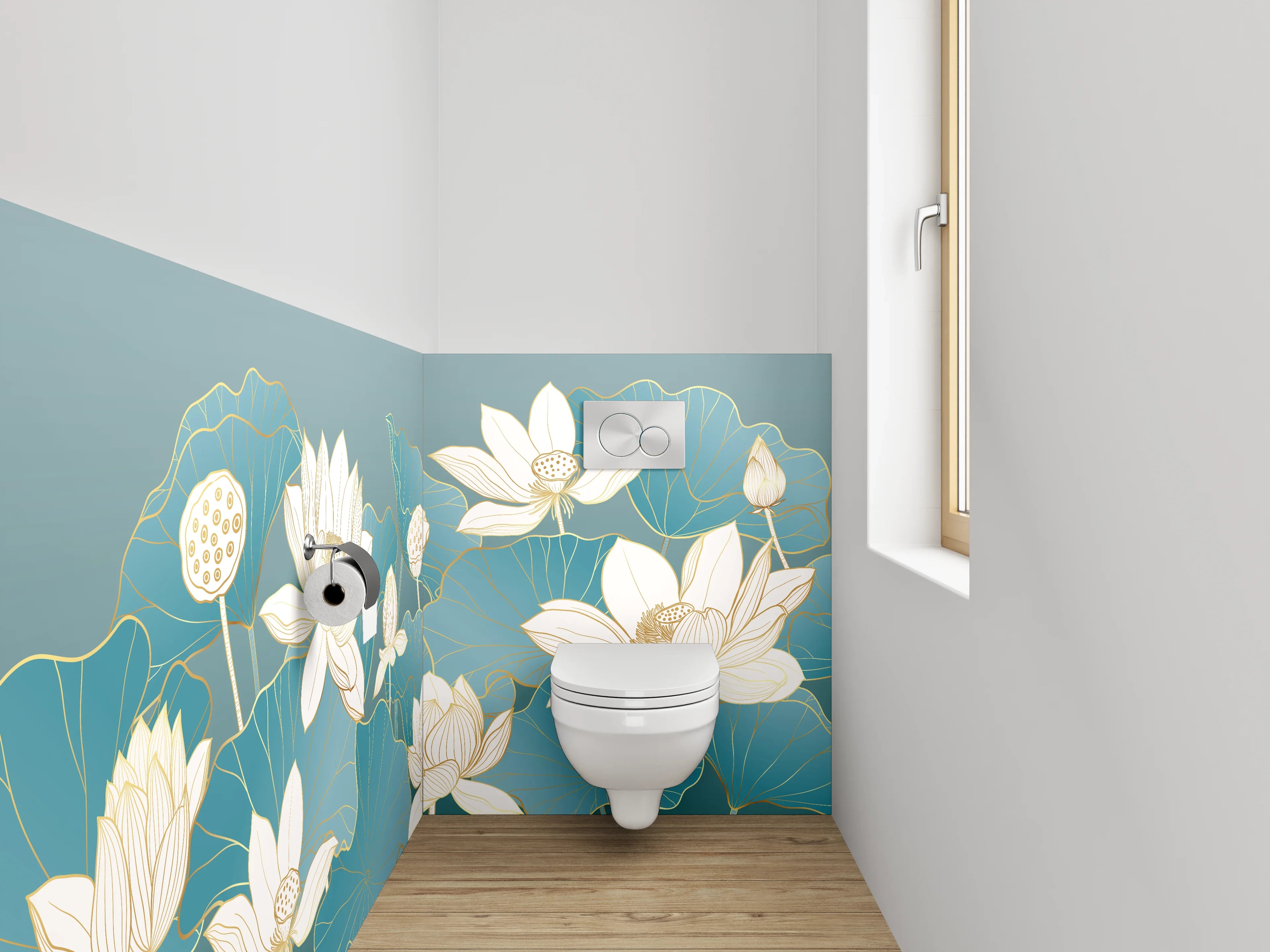WC-Rückwand - Lotusblüten Aquarell Blau Gold