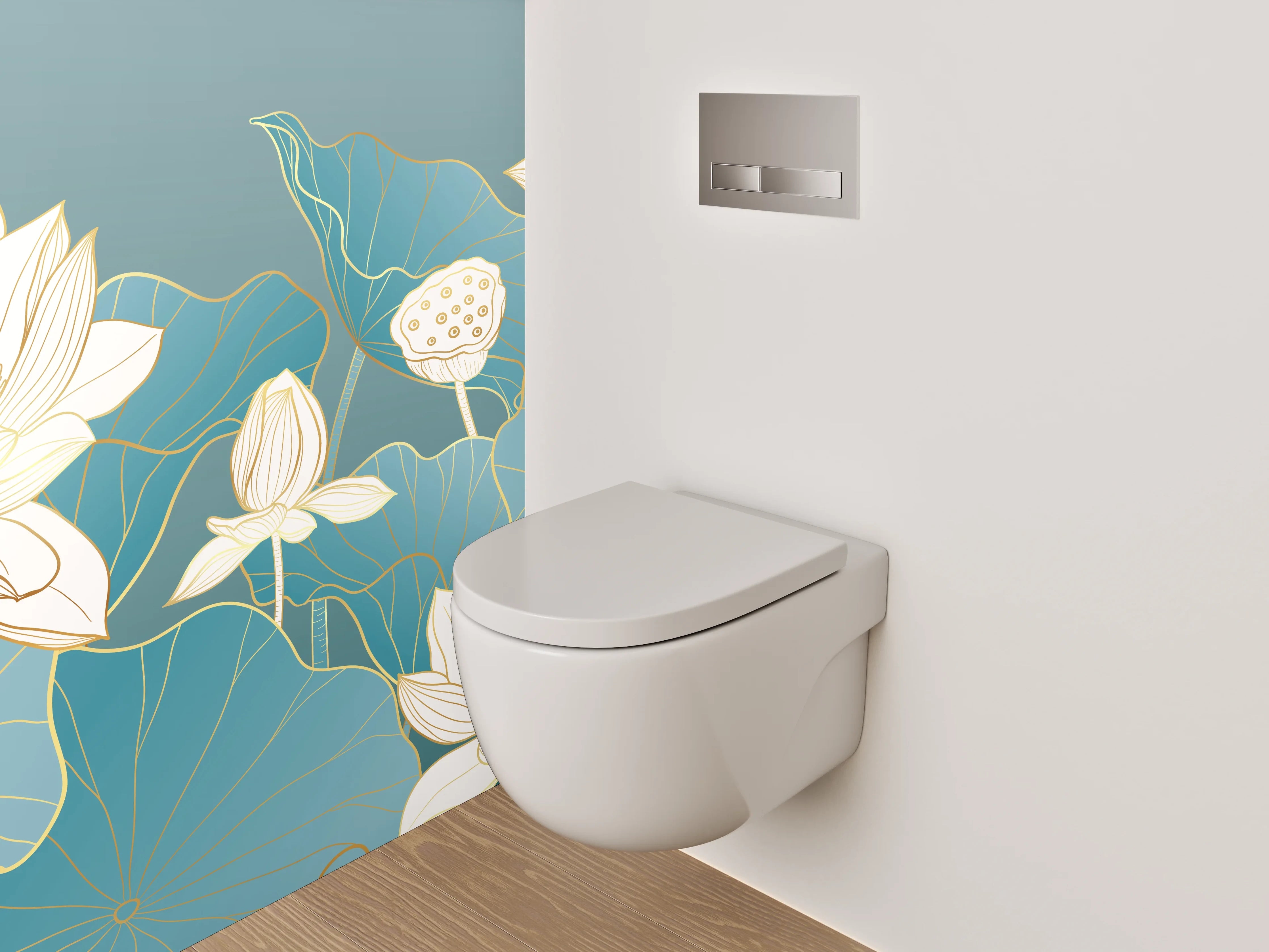 WC-Rückwand - Lotusblüten Aquarell Blau Gold