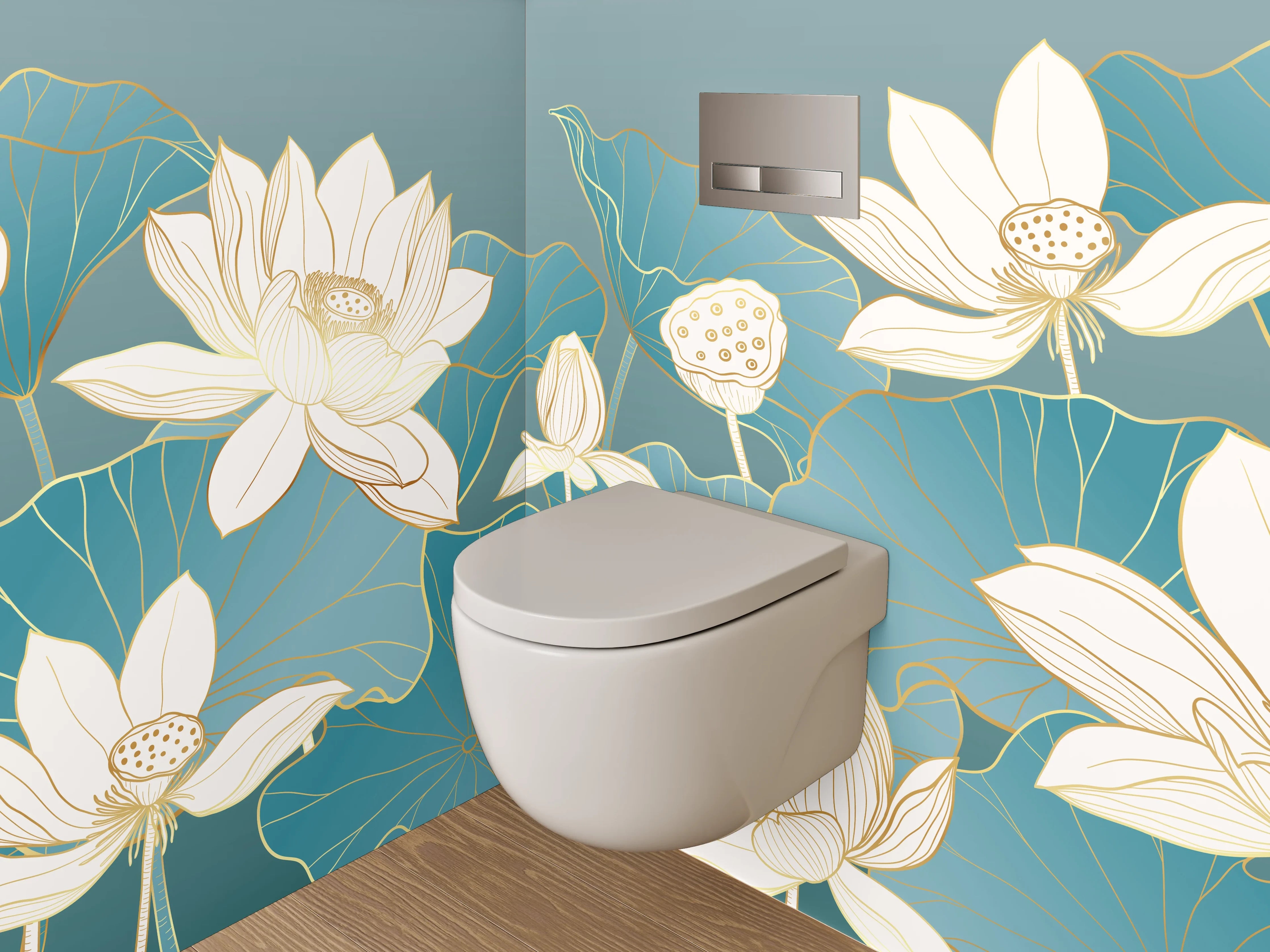 WC-Rückwand - Lotusblüten Aquarell Blau Gold