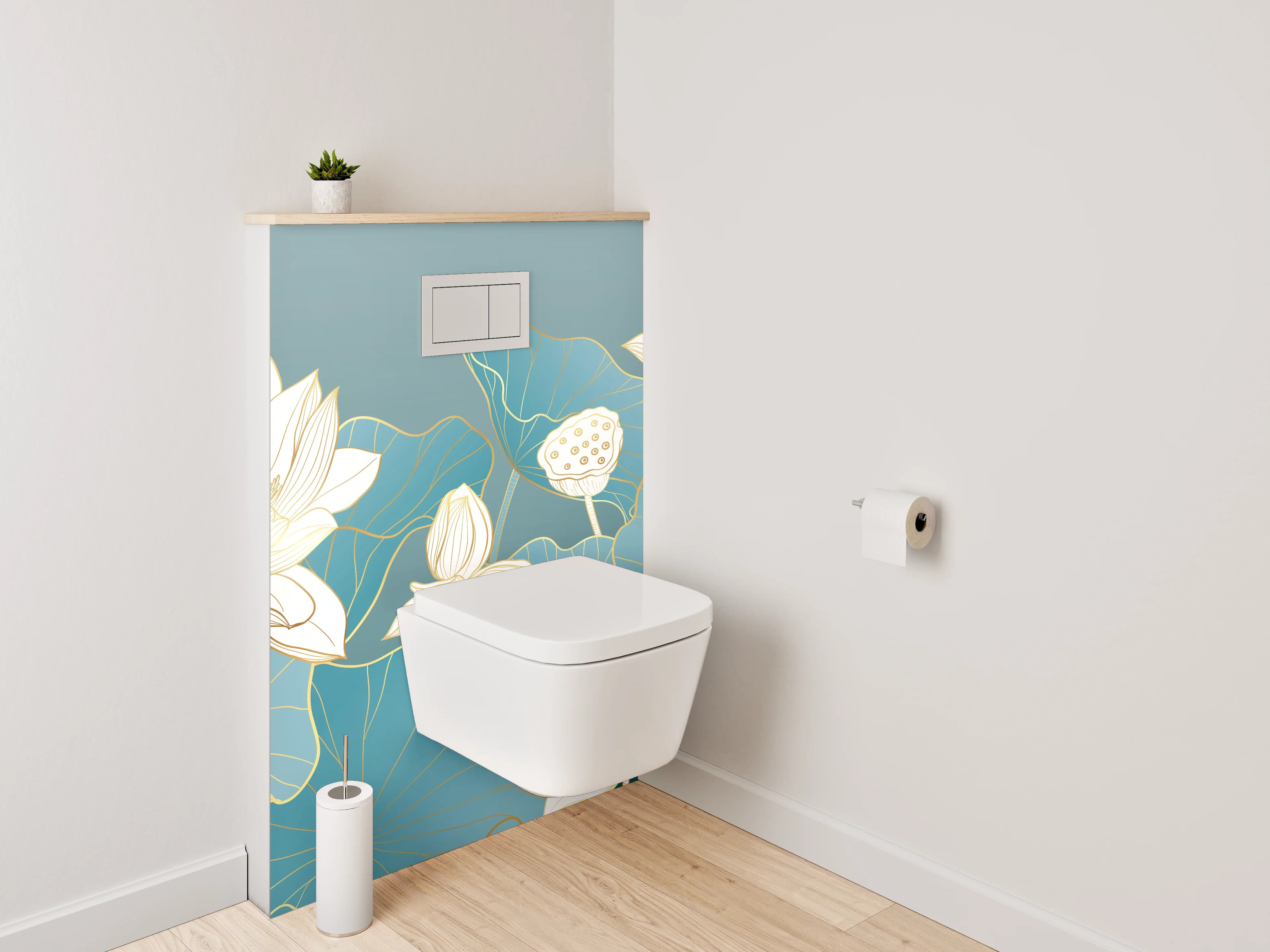 WC-Rückwand - Lotusblüten Aquarell Blau Gold