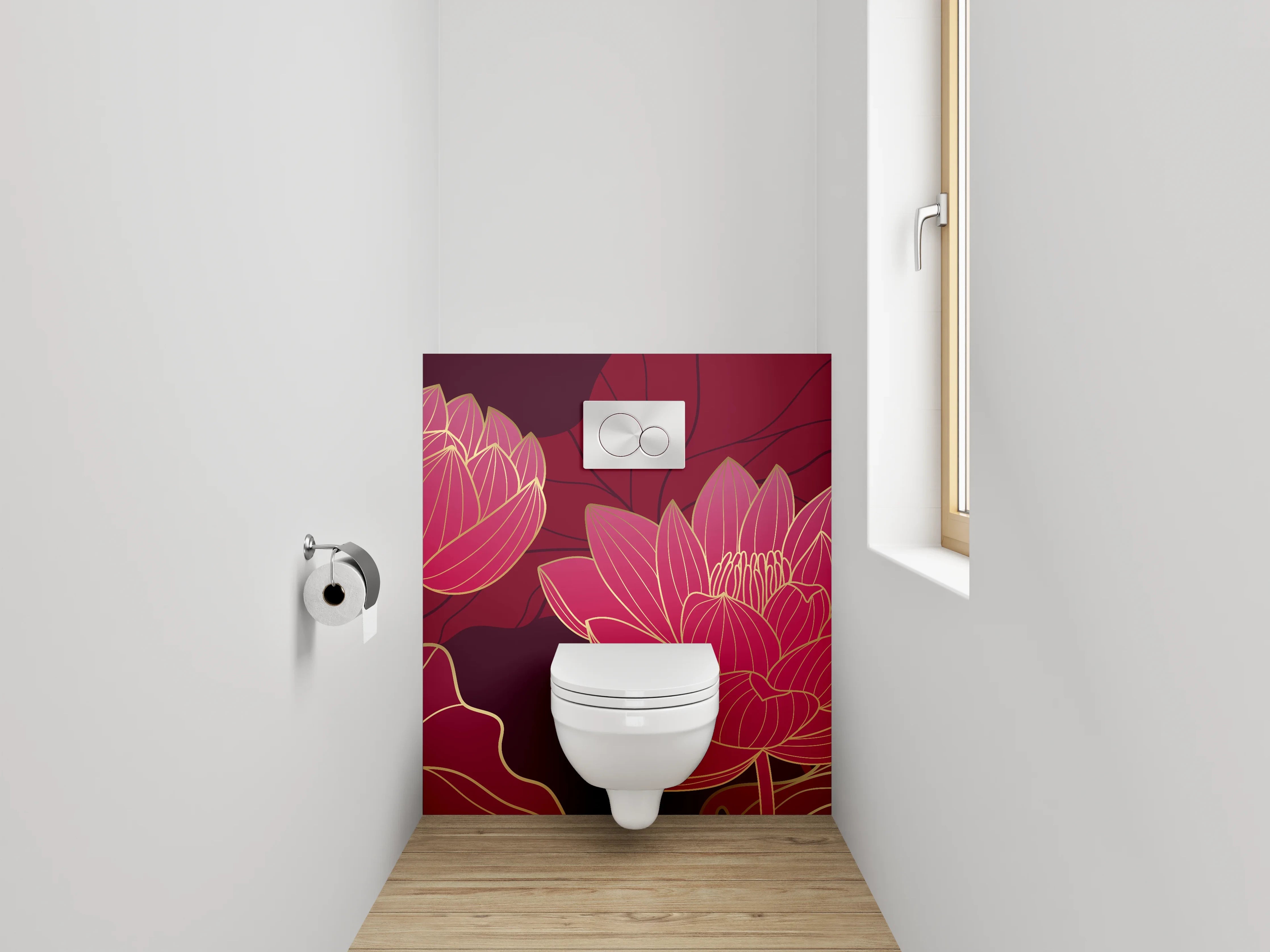 WC-Rückwand - Lotusblüten Eleganz in Rotgold