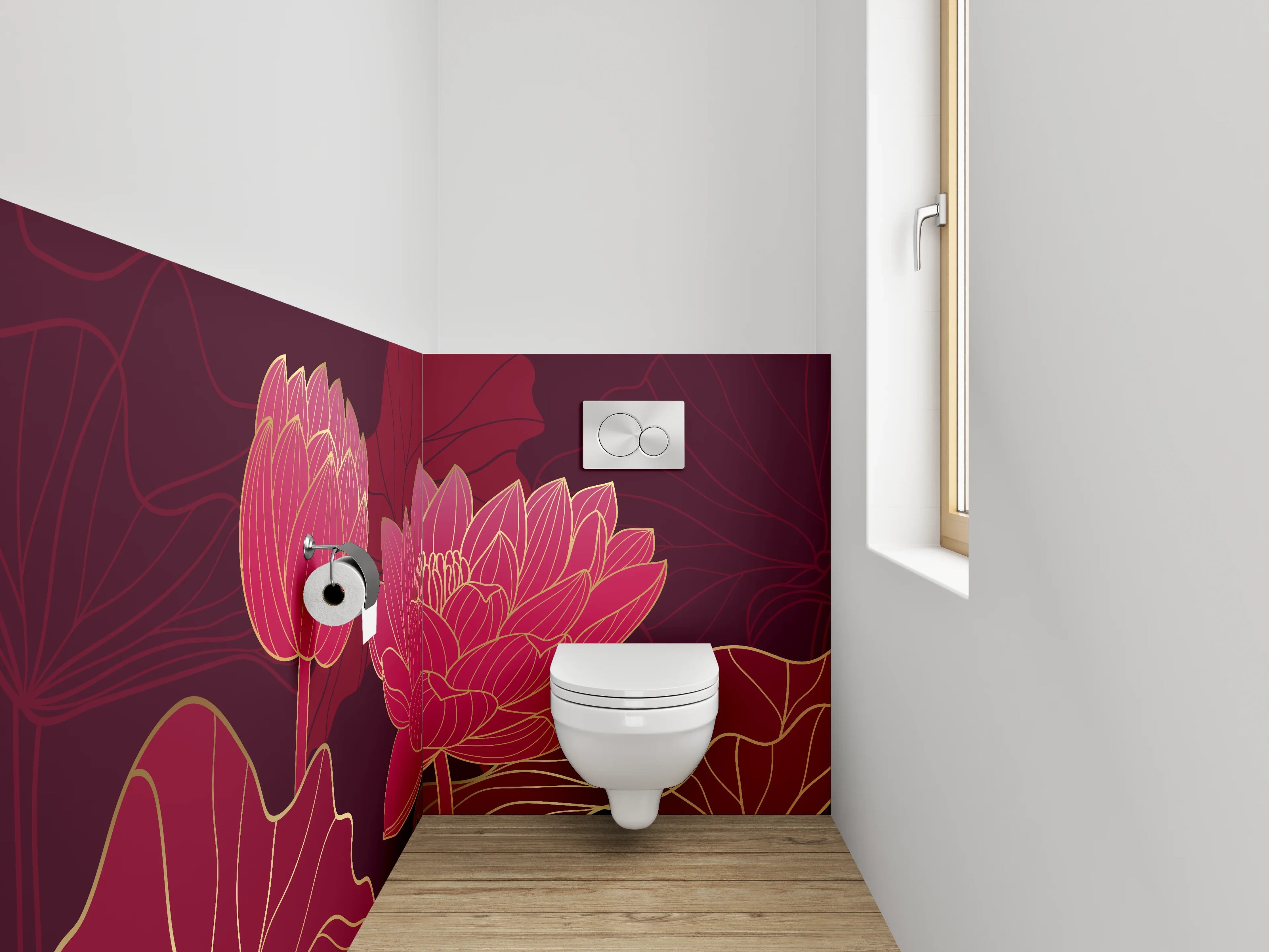 WC-Rückwand - Lotusblüten Eleganz in Rotgold