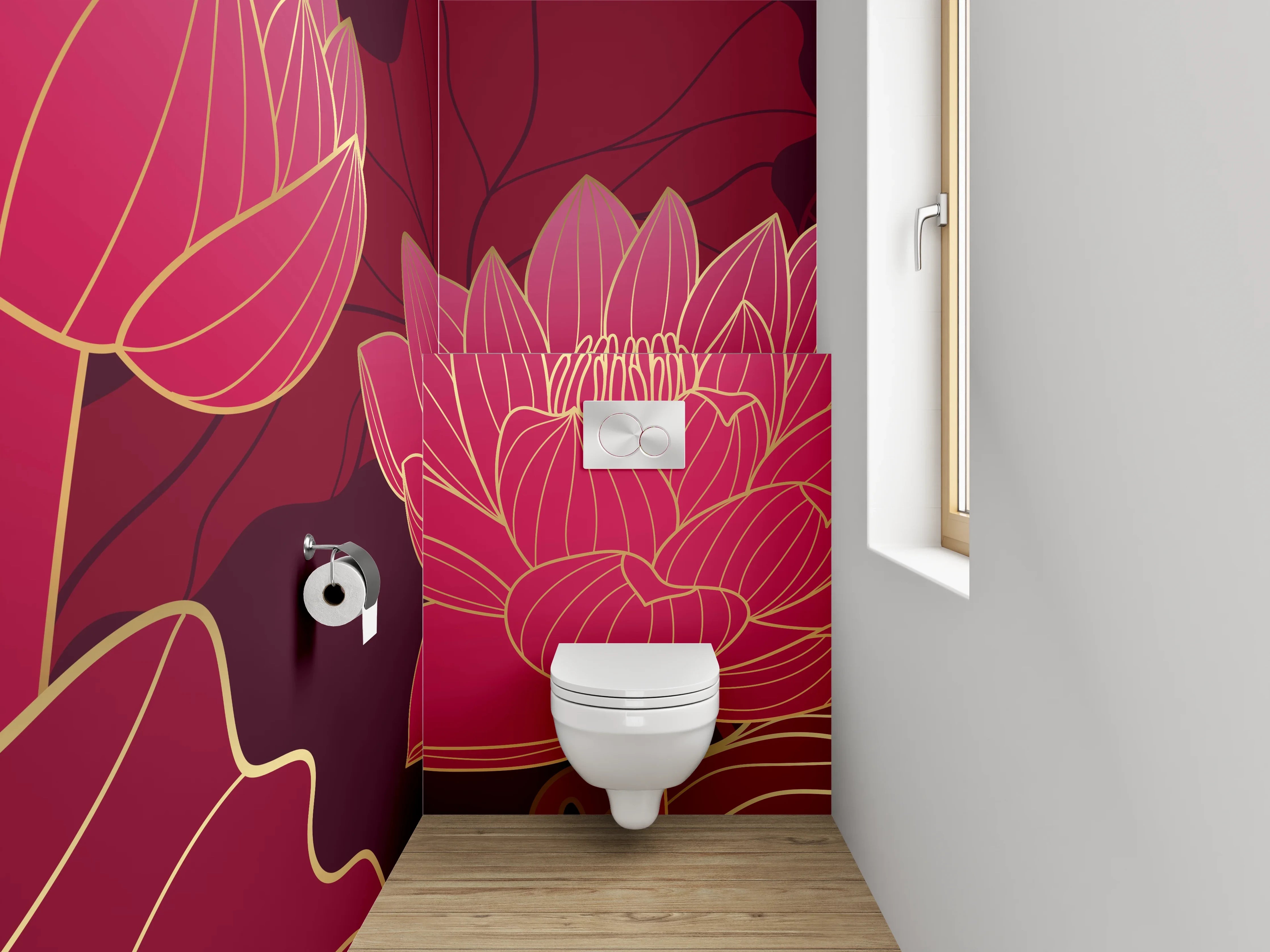 WC-Rückwand - Lotusblüten Eleganz in Rotgold