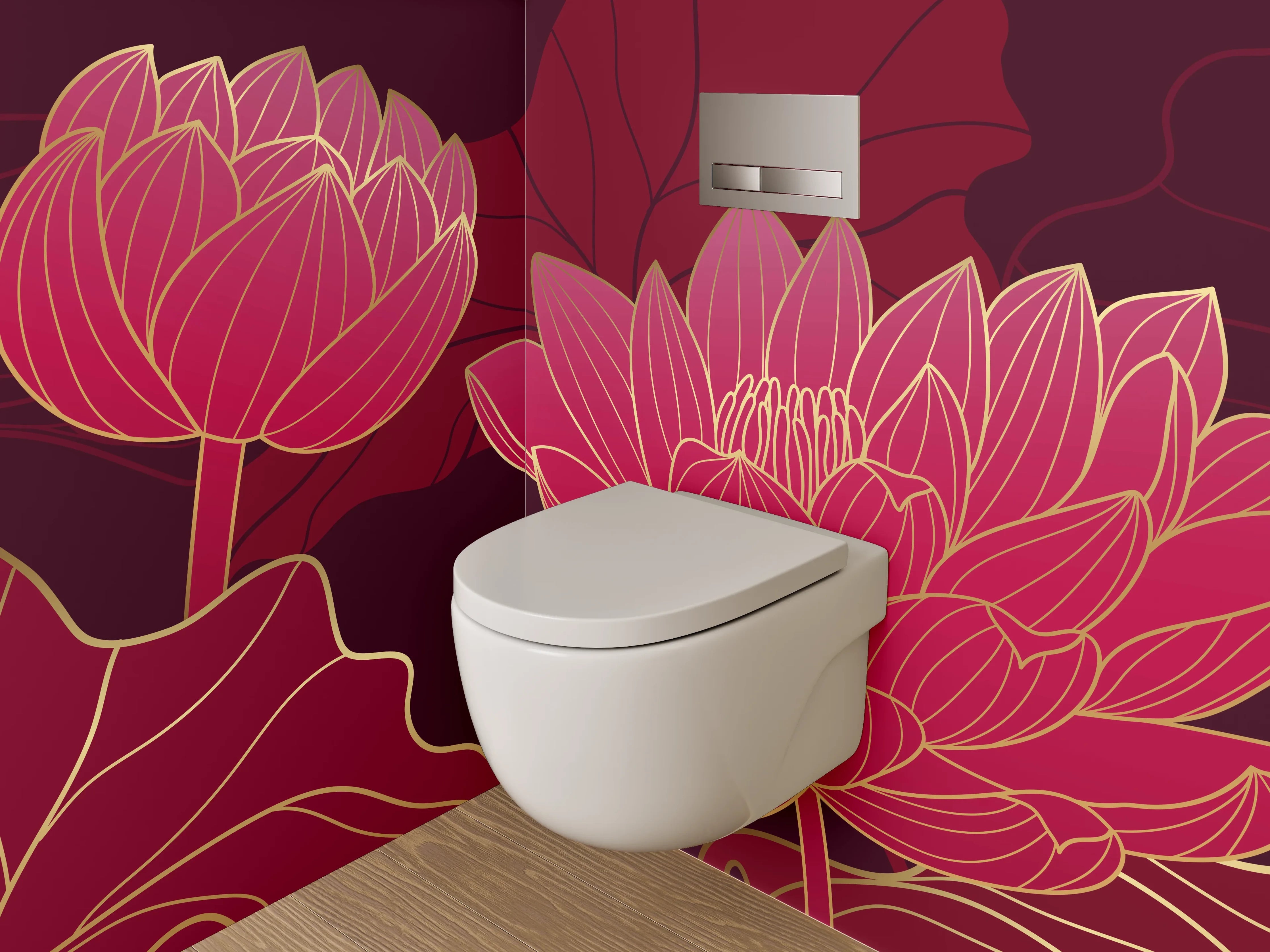 WC-Rückwand - Lotusblüten Eleganz in Rotgold