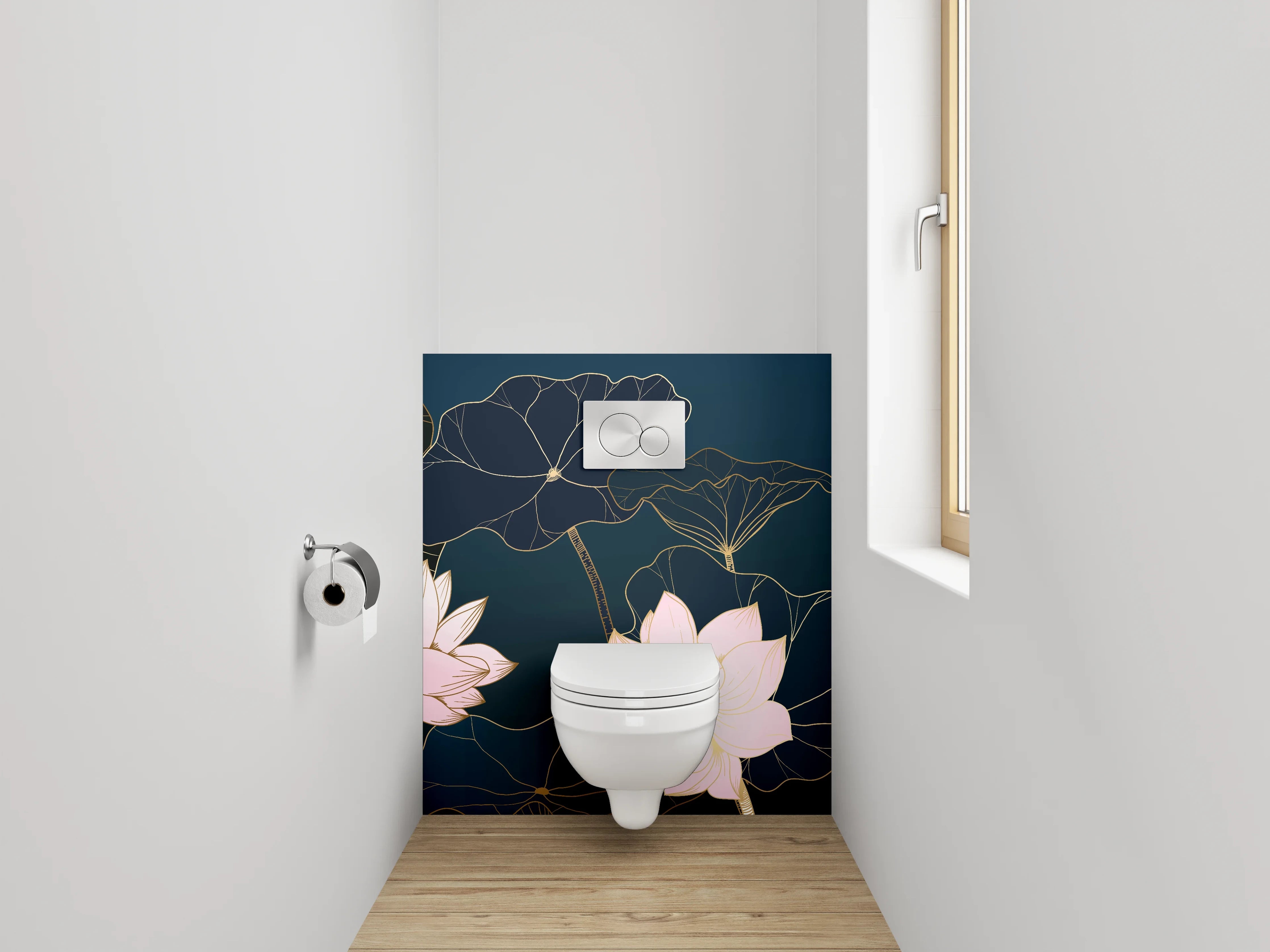 WC-Rückwand - Lotusblüten Lineart auf dunklem Grund