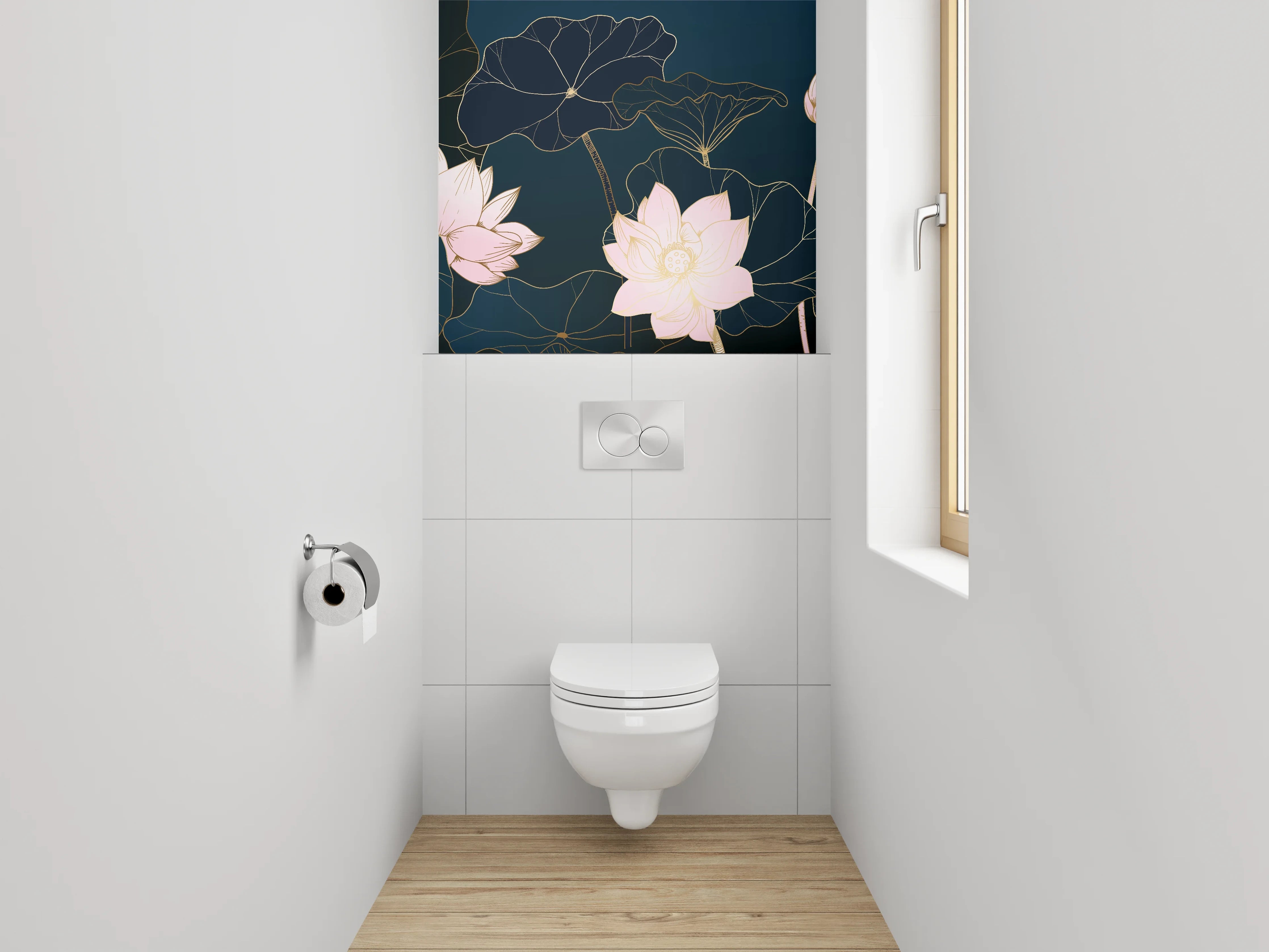 WC-Rückwand - Lotusblüten Lineart auf dunklem Grund