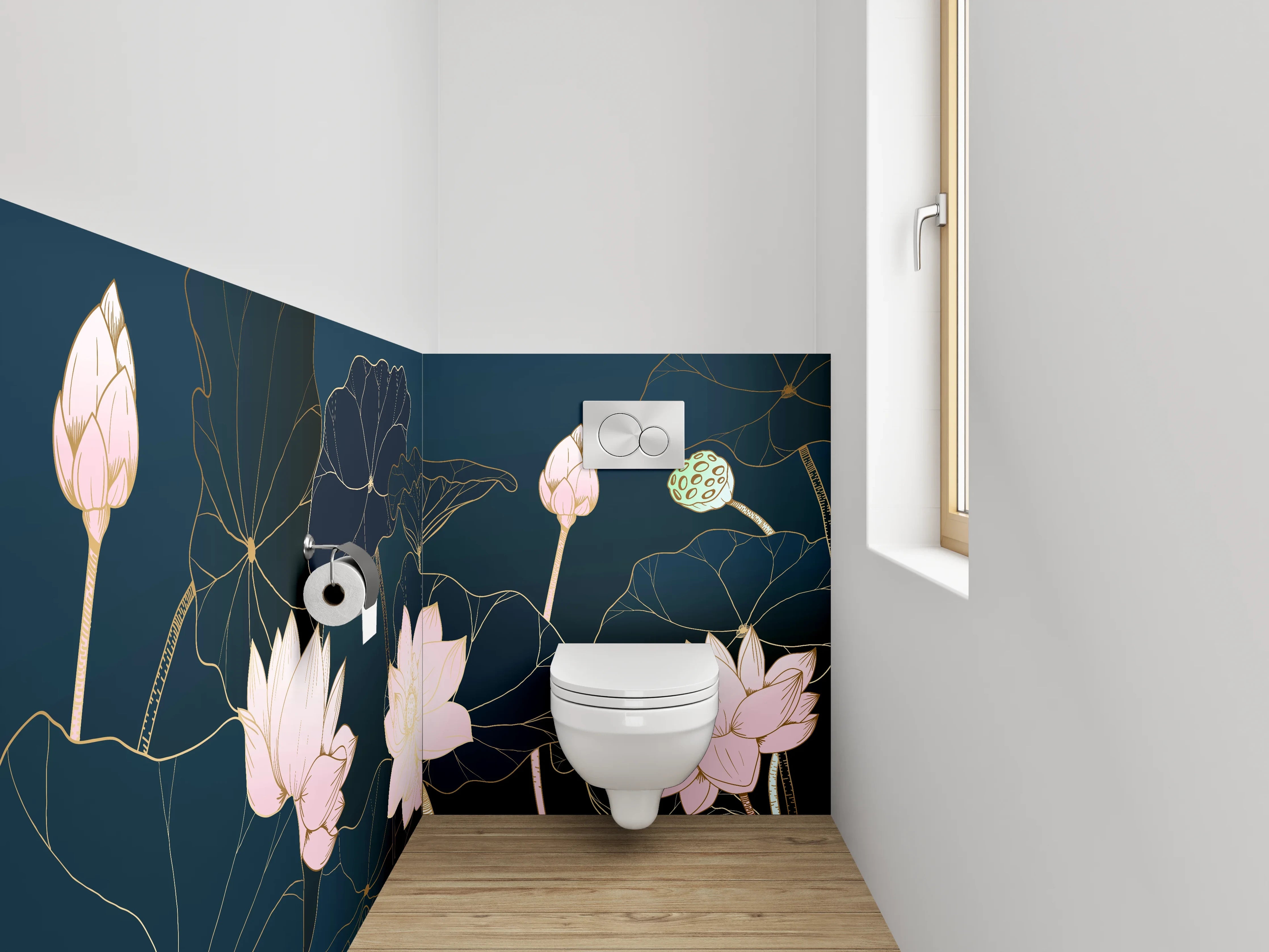 WC-Rückwand - Lotusblüten Lineart auf dunklem Grund