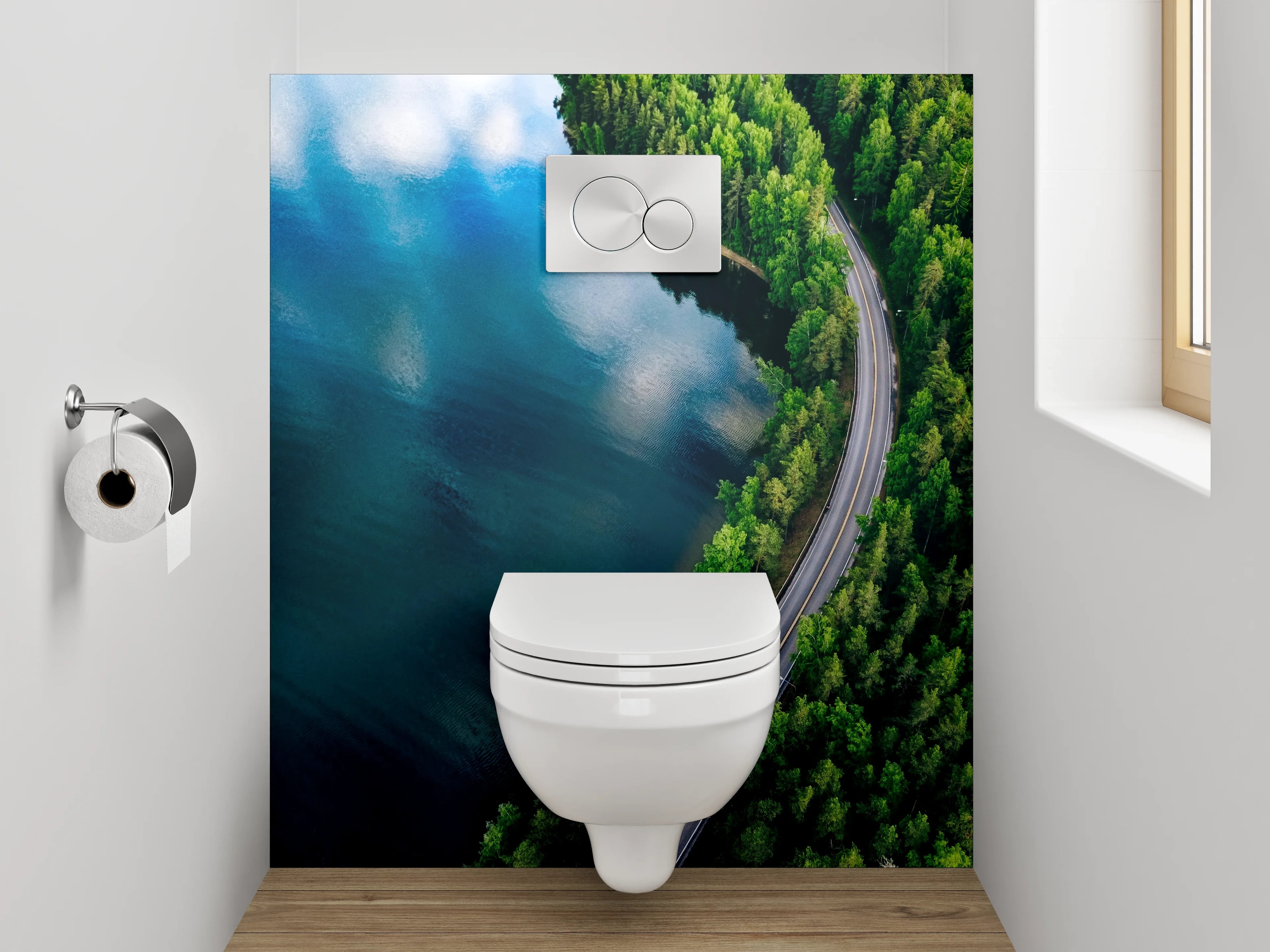 WC-Rückwand - Luftaufnahme Straße am See im Wald