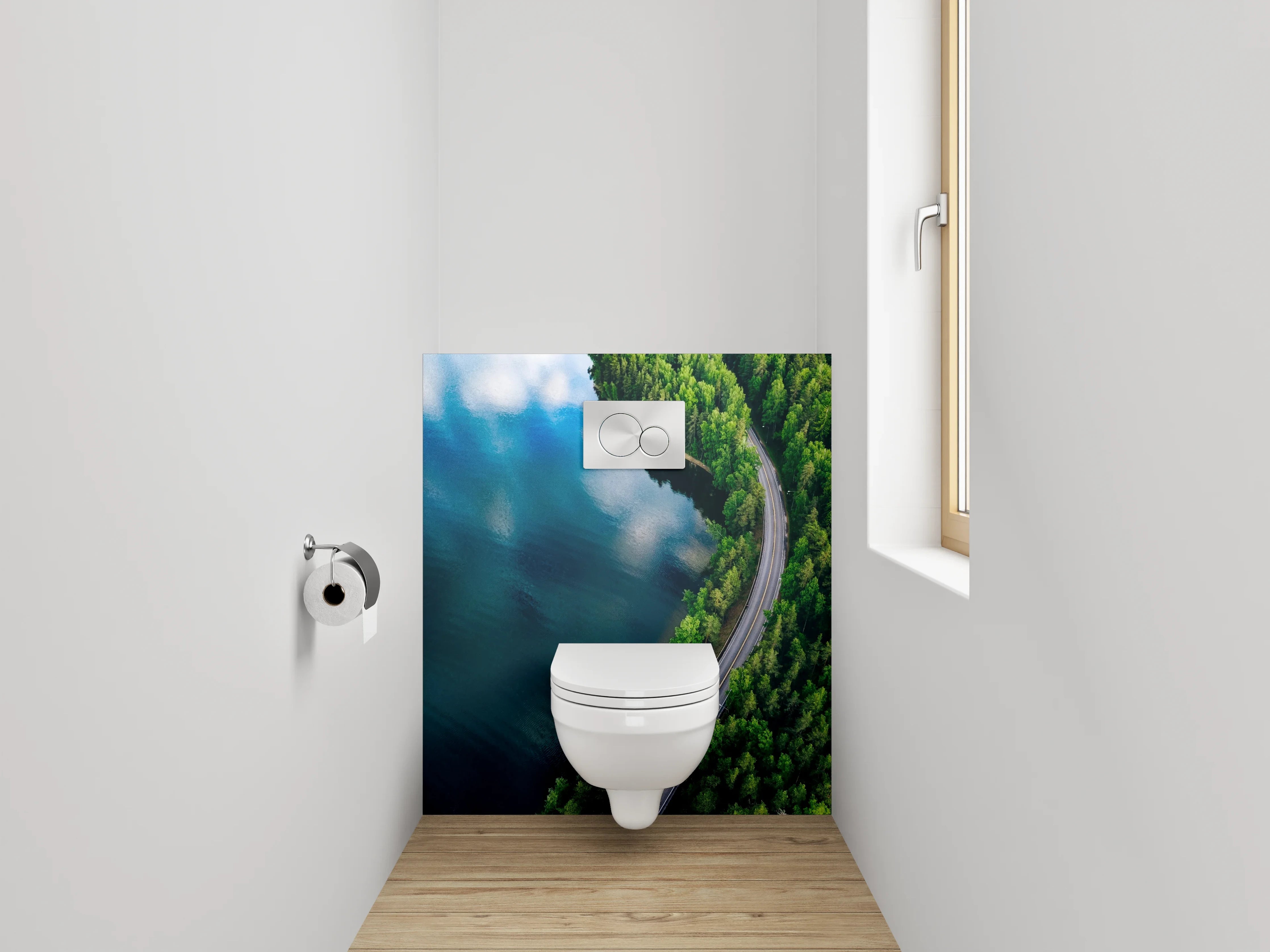 WC-Rückwand - Luftaufnahme Straße am See im Wald