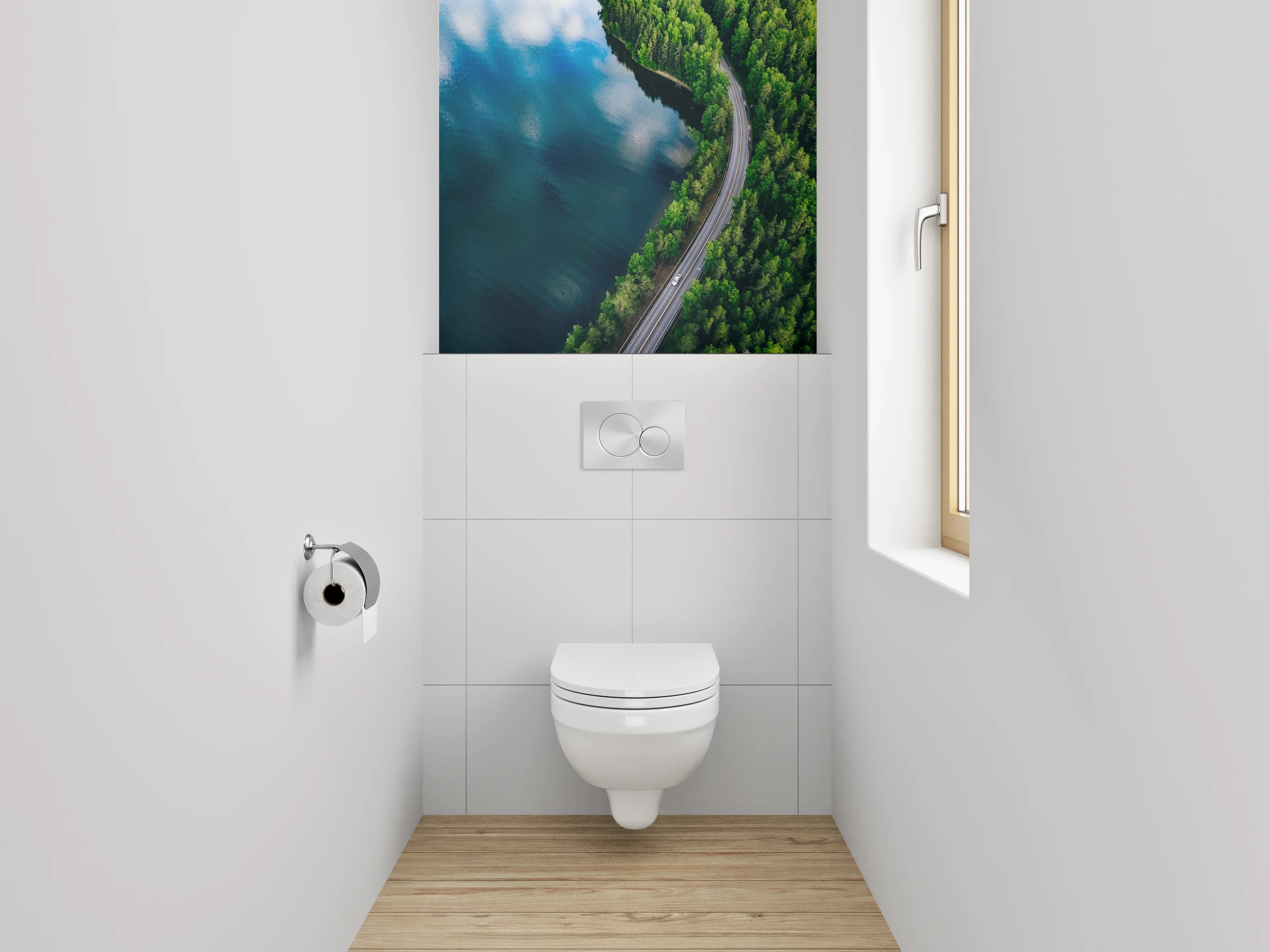 WC-Rückwand - Luftaufnahme Straße am See im Wald