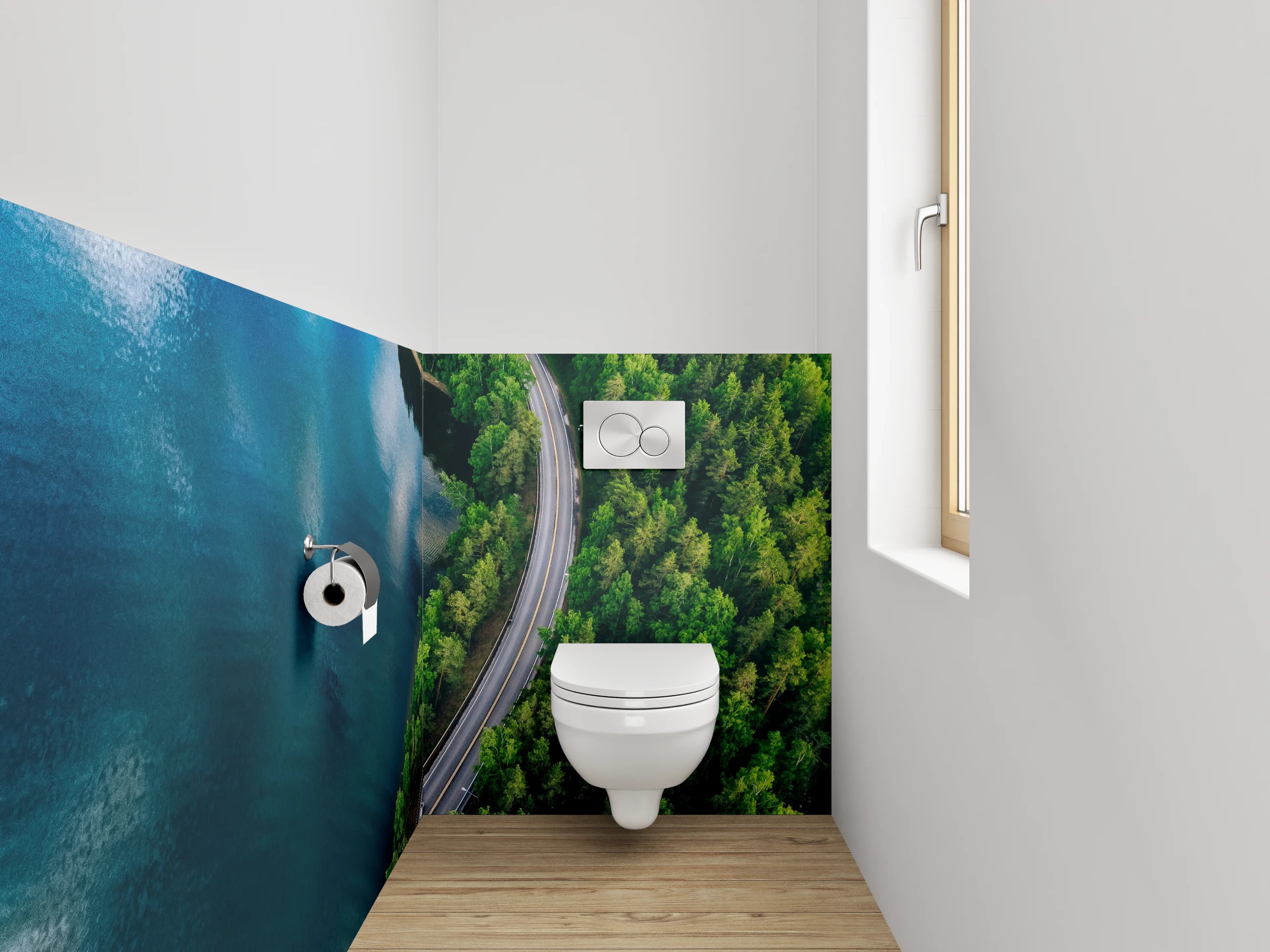 WC-Rückwand - Luftaufnahme Straße am See im Wald