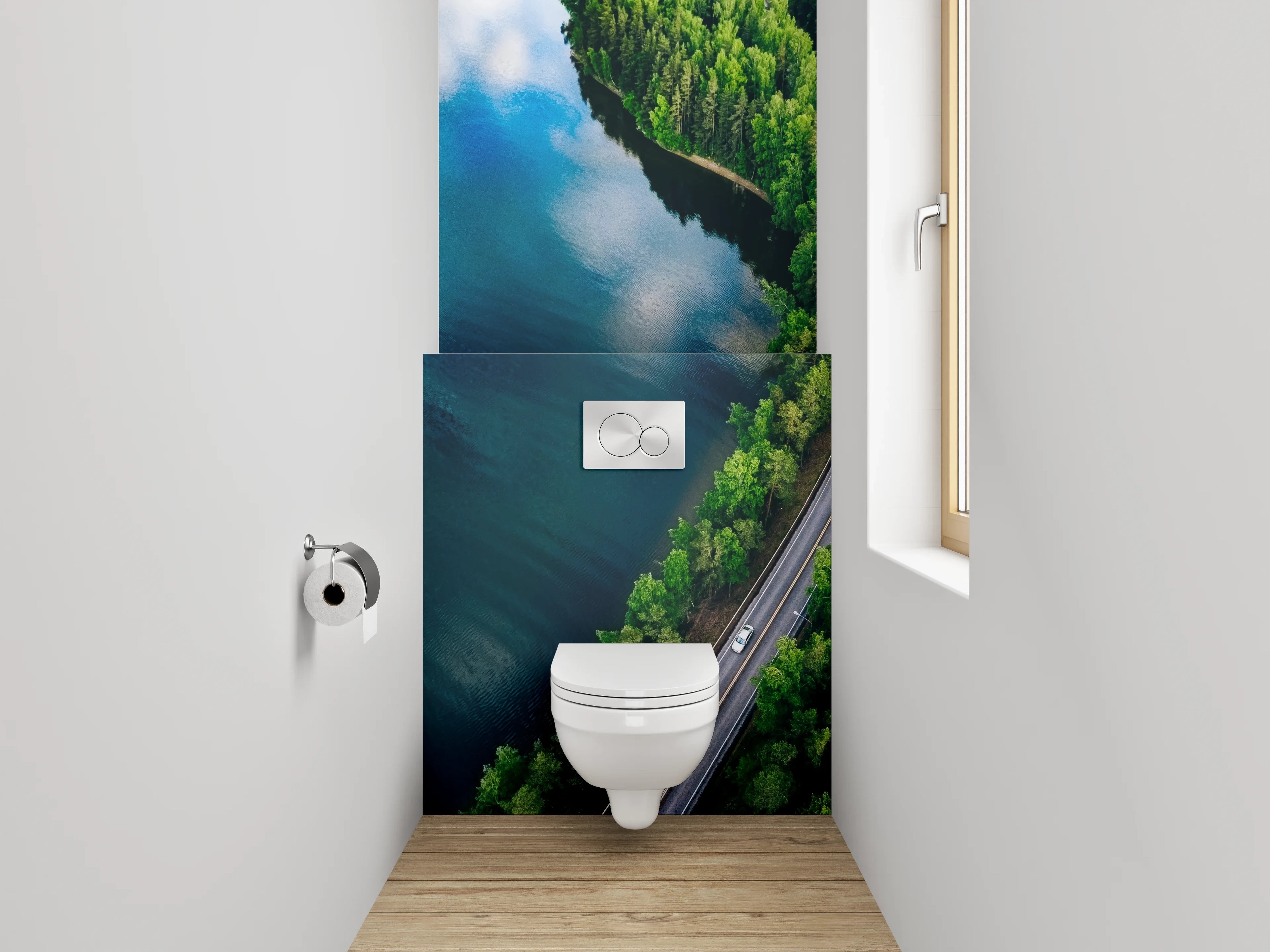 WC-Rückwand - Luftaufnahme Straße am See im Wald