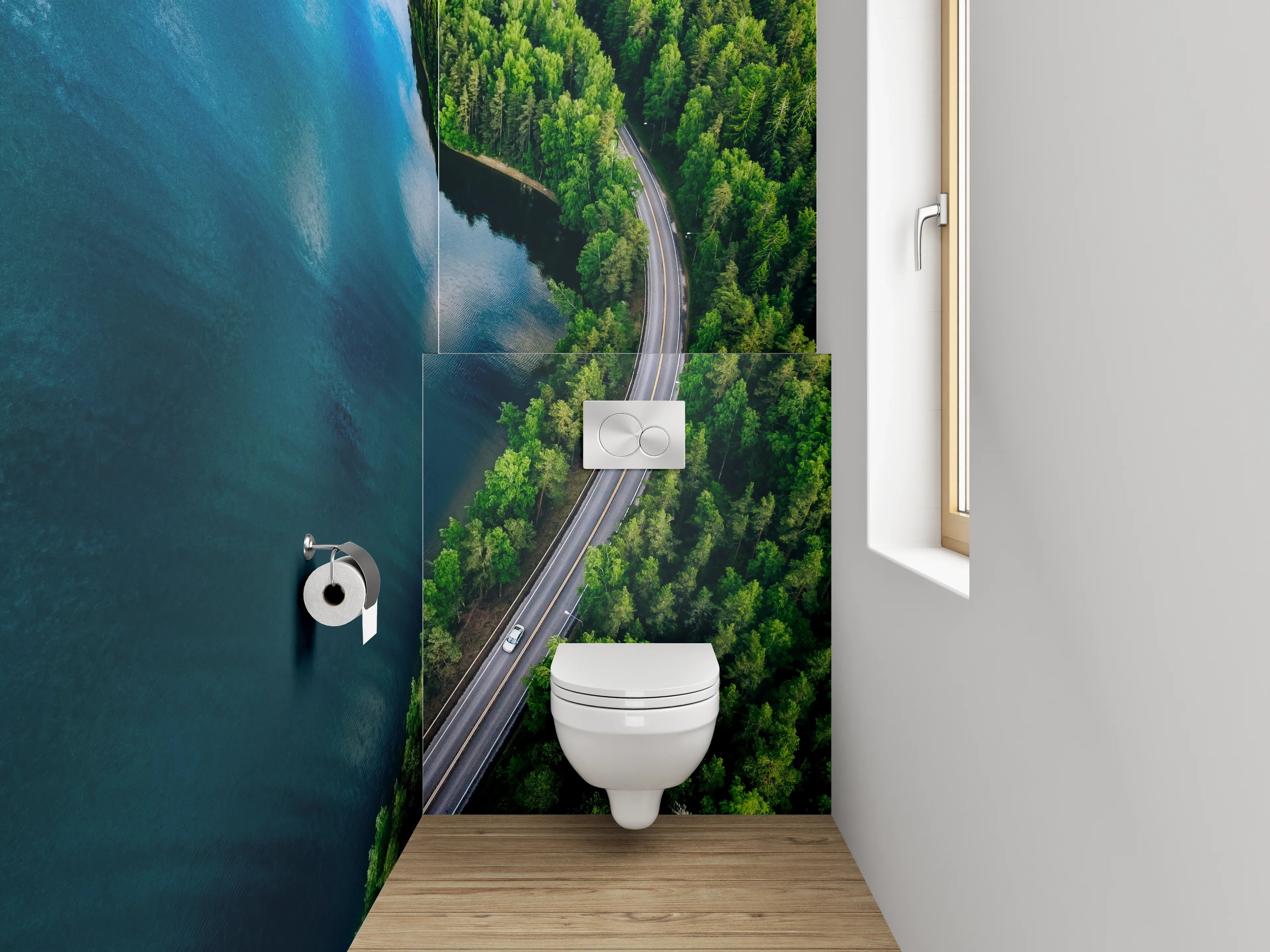 WC-Rückwand - Luftaufnahme Straße am See im Wald