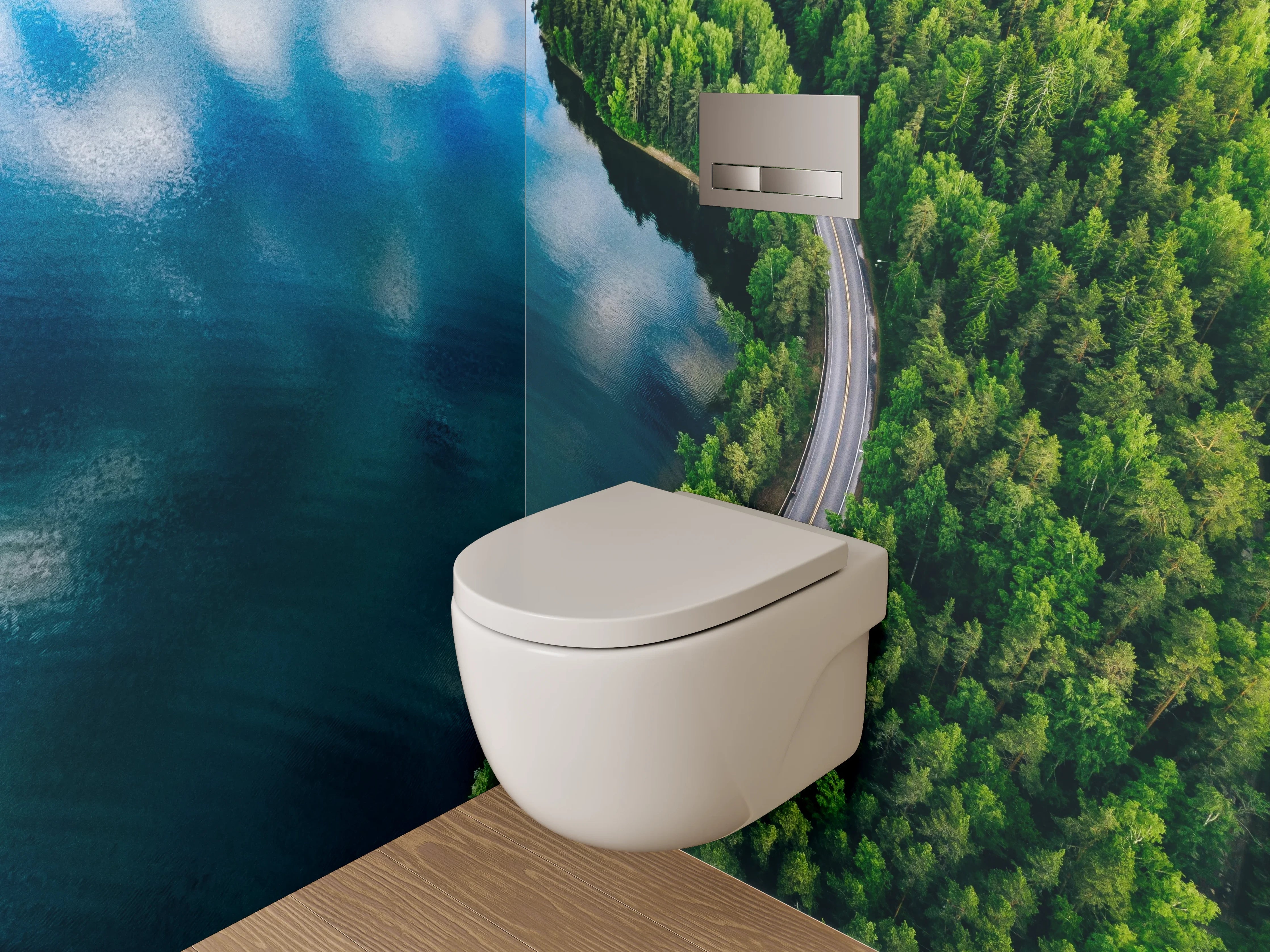 WC-Rückwand - Luftaufnahme Straße am See im Wald