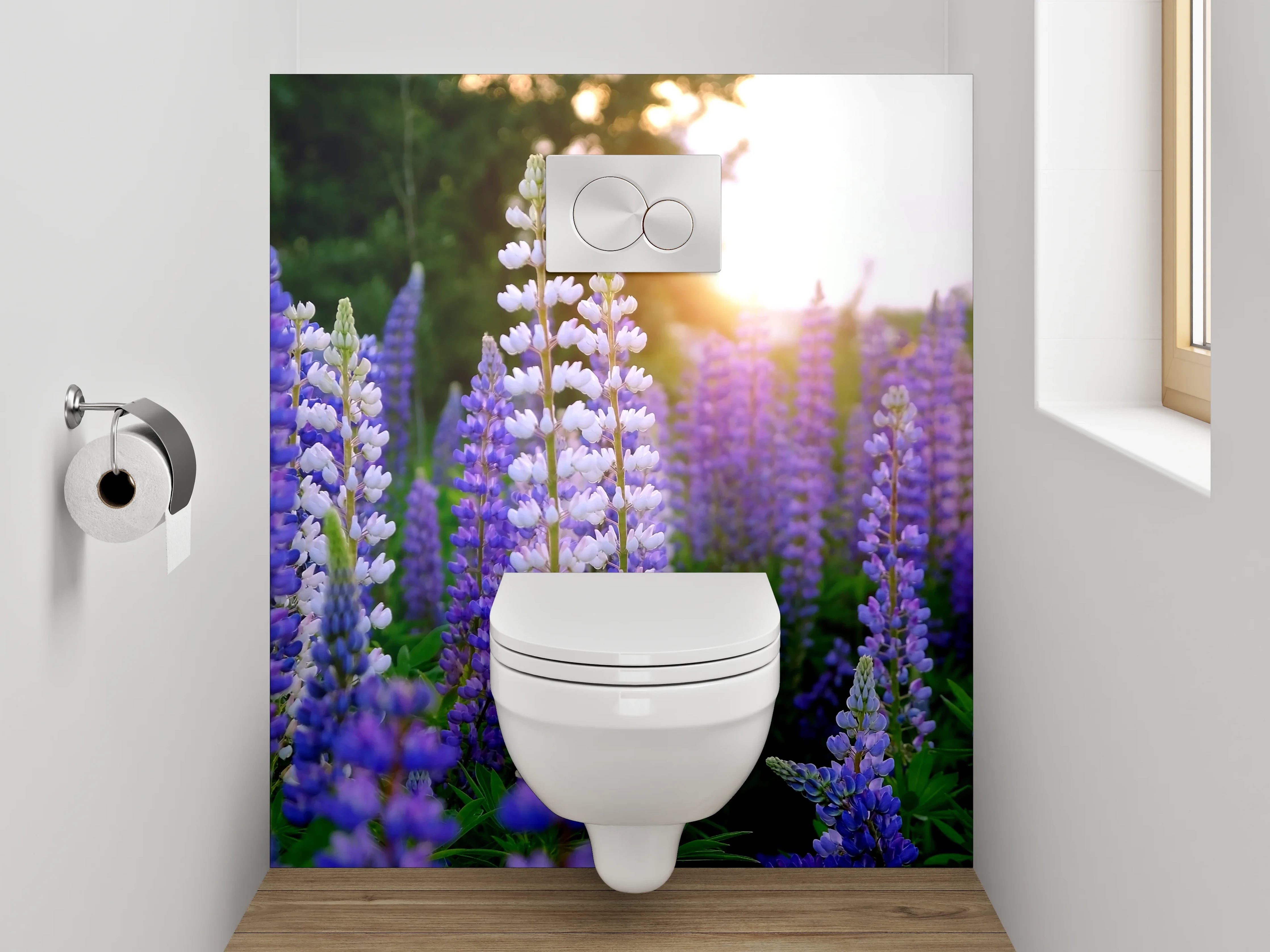 WC-Rückwand - Lupinenfeld im Sonnenuntergang