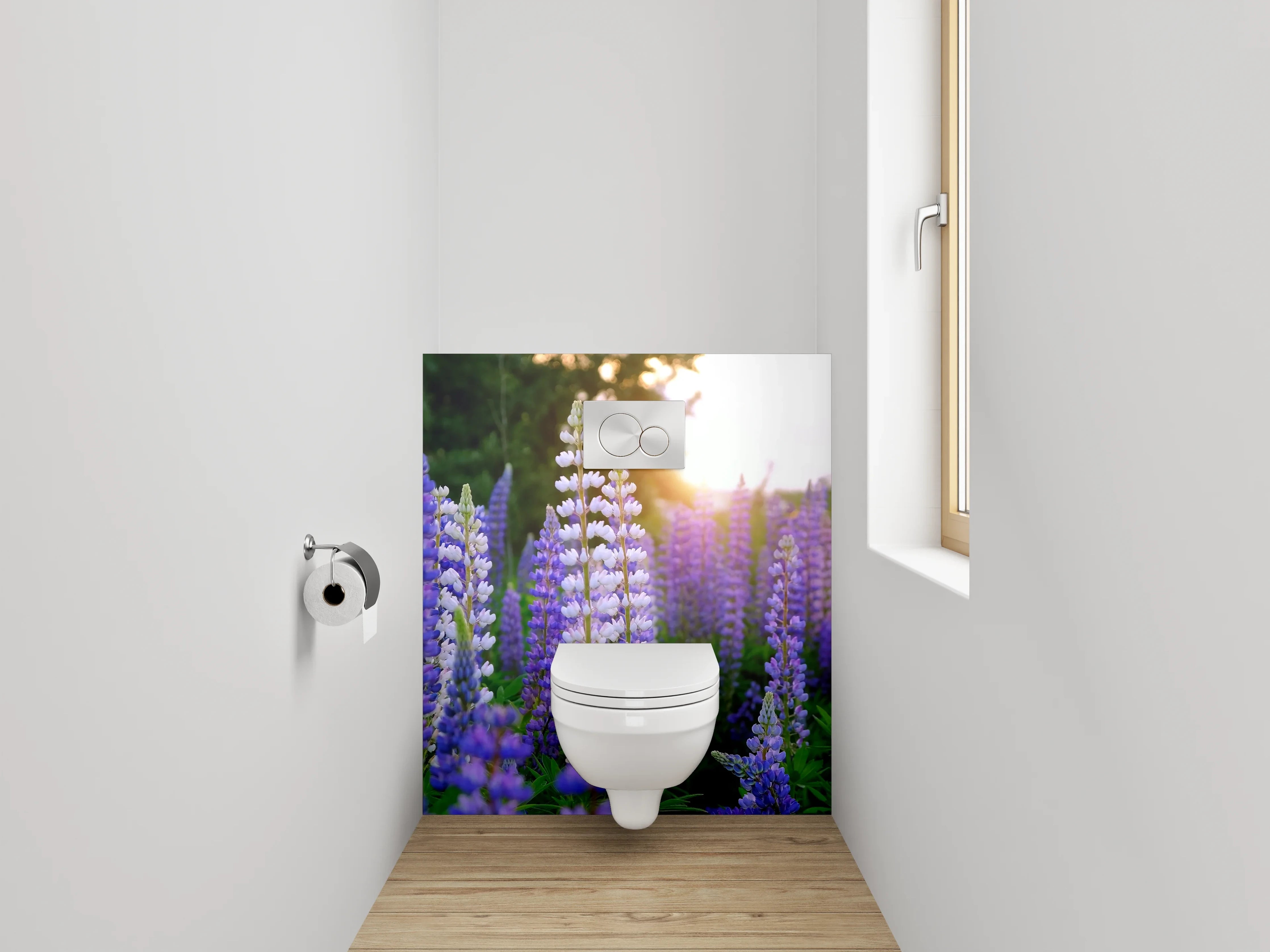 WC-Rückwand - Lupinenfeld im Sonnenuntergang